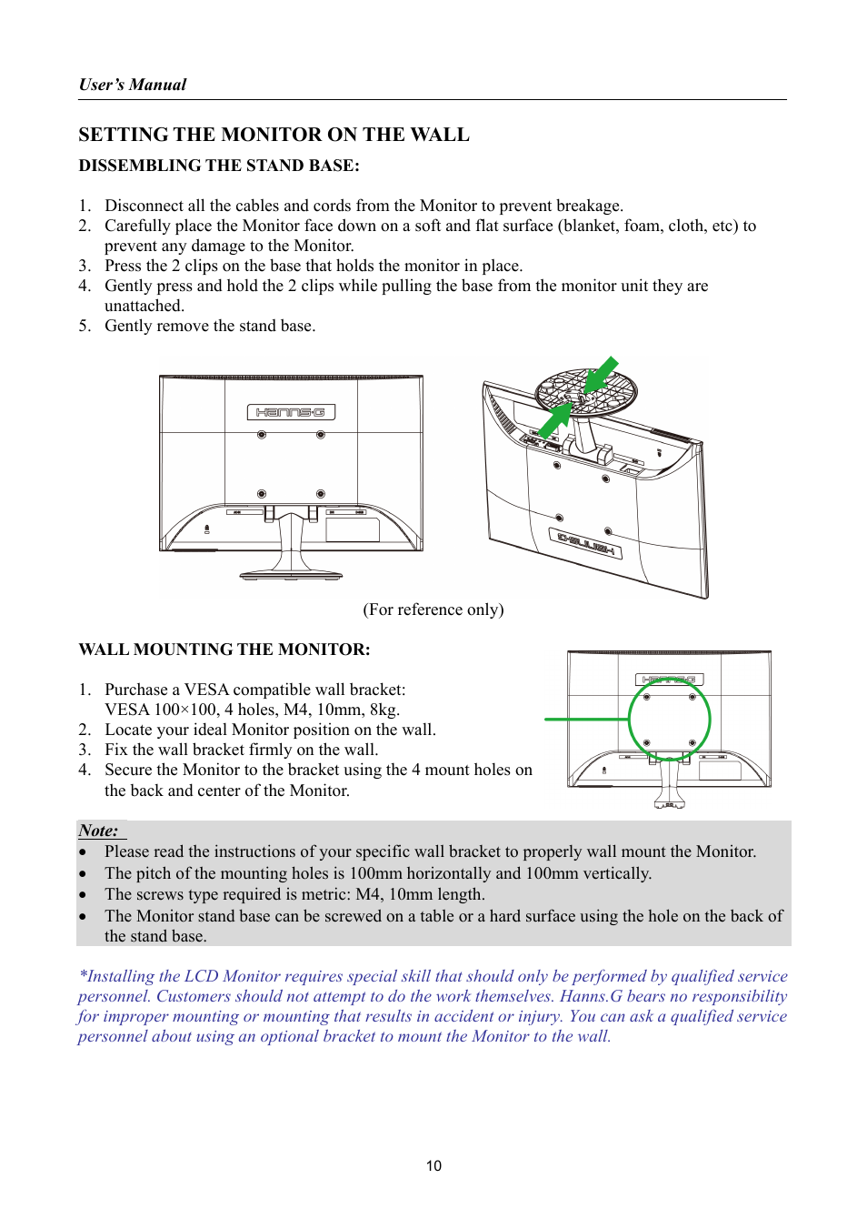 Setting the monitor on the wall | Hanns.G HL198 User Manual | Page 10 / 24