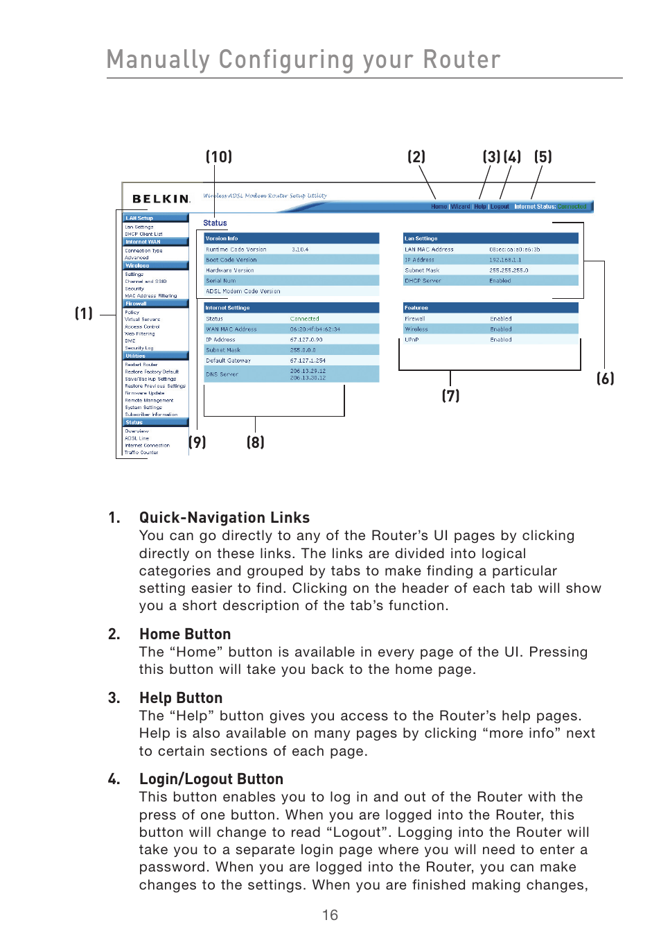 Manually configuring your router | Belkin F5D7632UK4 User Manual | Page 18 / 90