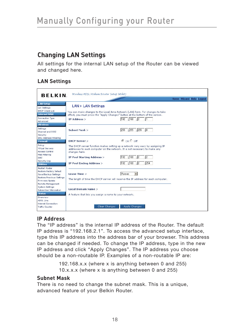 Manually configuring your router, Changing lan settings | Belkin F5D7632UK4 User Manual | Page 20 / 90