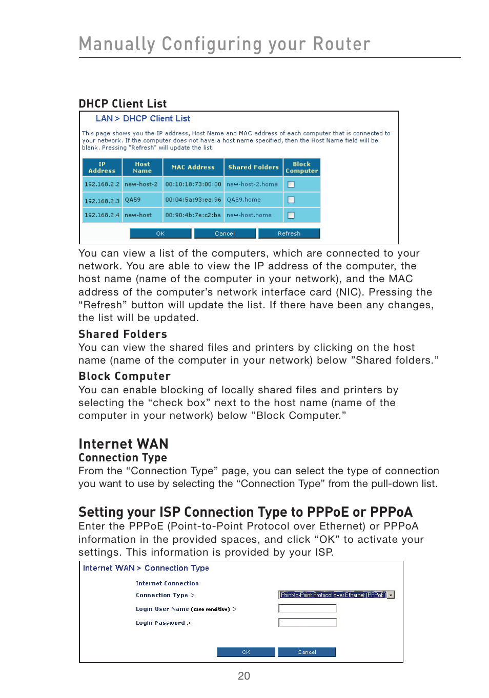 Manually configuring your router, Internet wan, Setting your isp connection type to pppoe or pppoa | Belkin F5D7632UK4 User Manual | Page 22 / 90