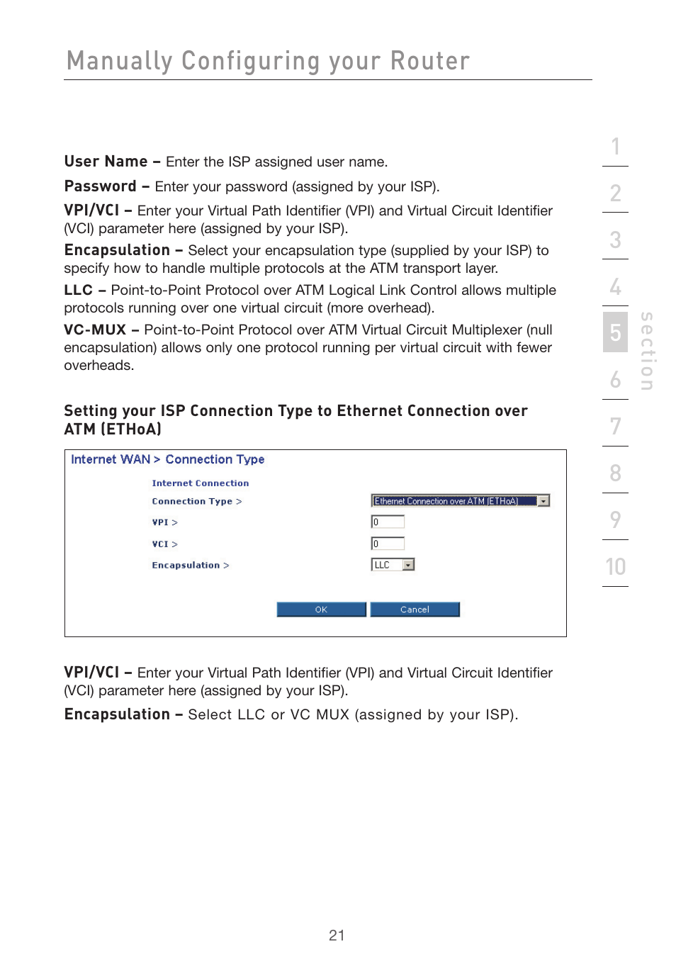 Manually configuring your router, Se ct io n | Belkin F5D7632UK4 User Manual | Page 23 / 90