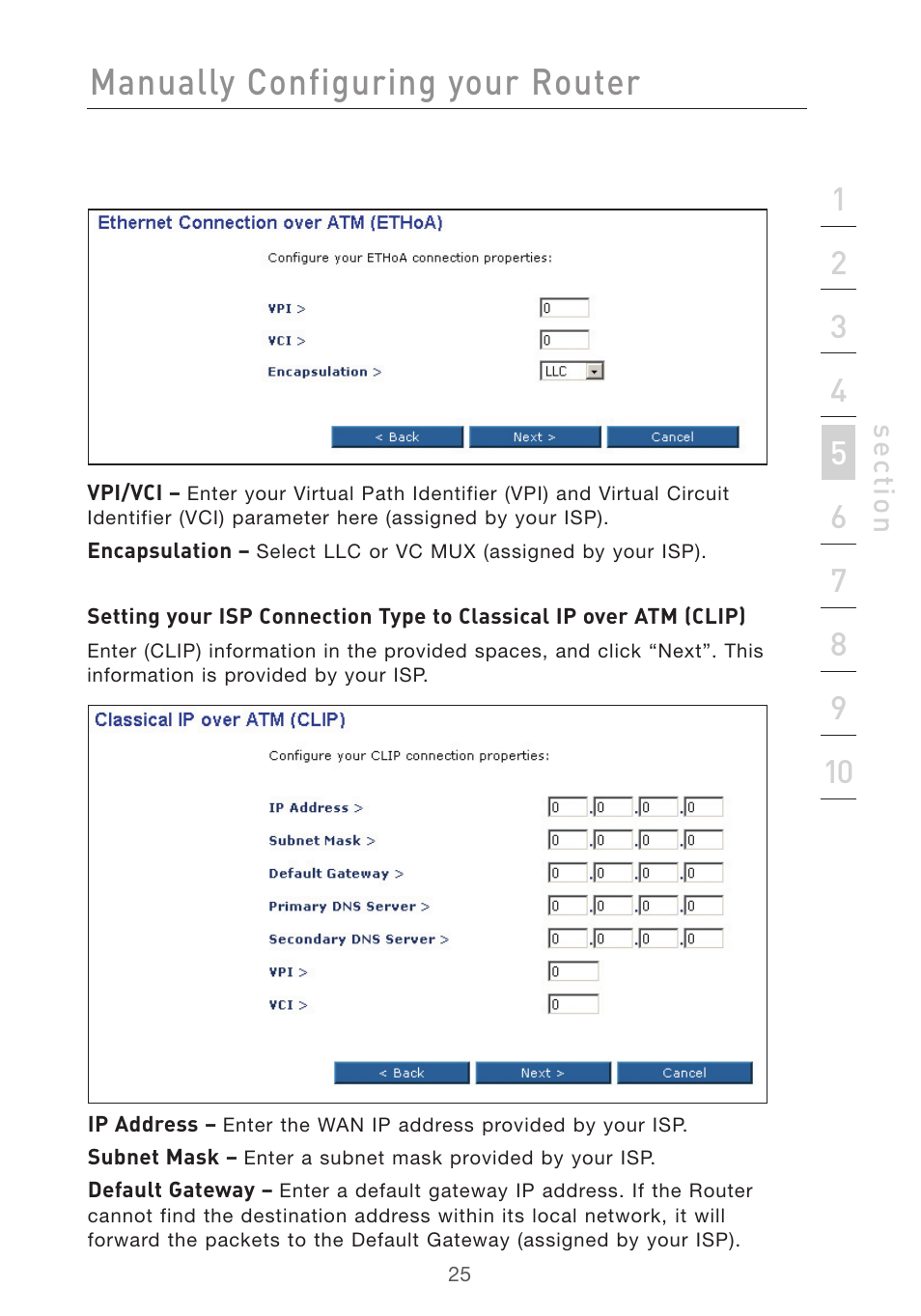 Manually configuring your router, Se ct io n | Belkin F5D7632UK4 User Manual | Page 27 / 90