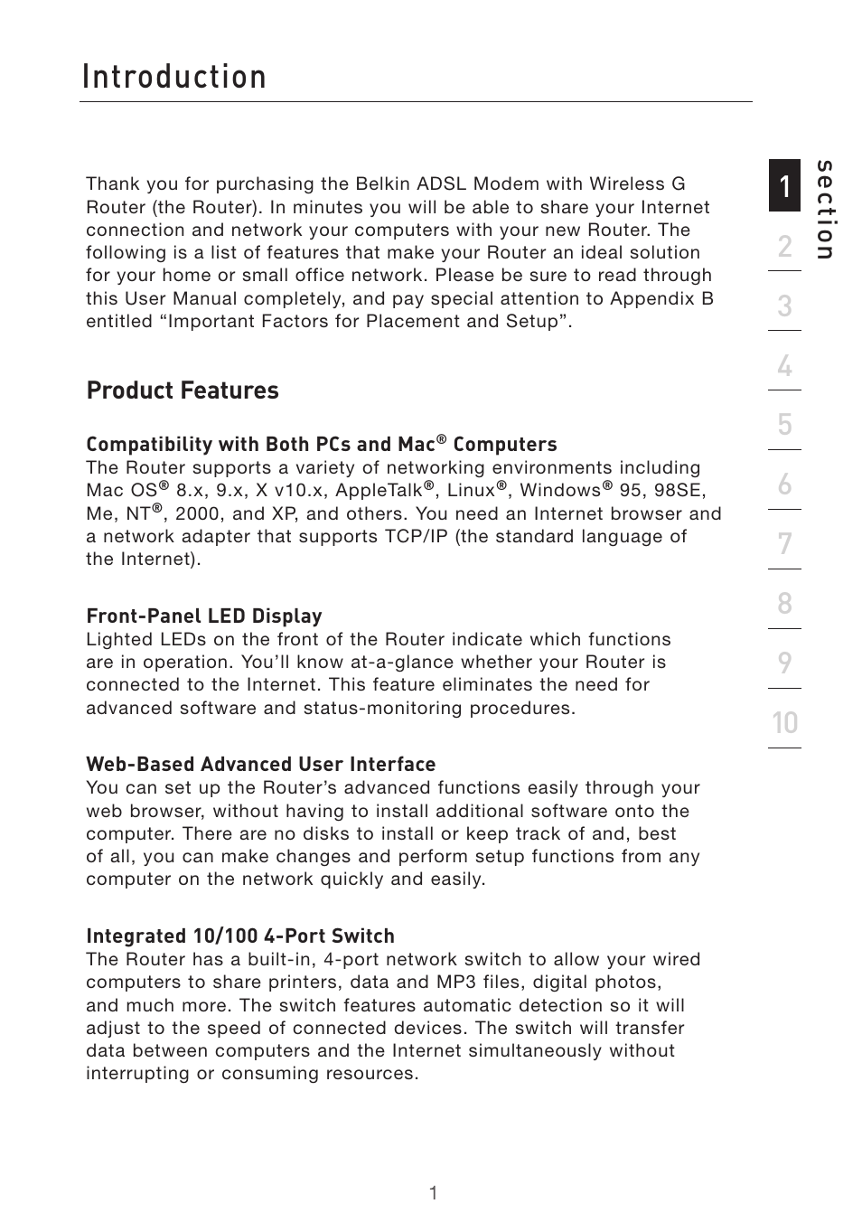 Introduction, Se ct io n | Belkin F5D7632UK4 User Manual | Page 3 / 90