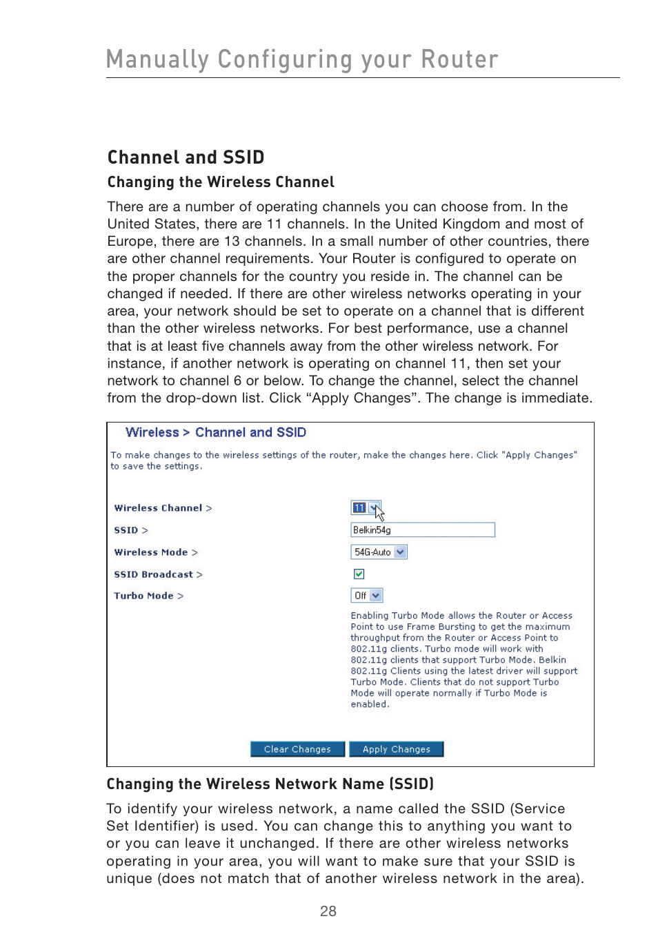 Manually configuring your router, Channel and ssid | Belkin F5D7632UK4 User Manual | Page 30 / 90