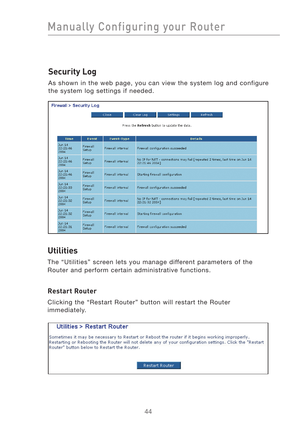 Manually configuring your router, Security log, Utilities | Belkin F5D7632UK4 User Manual | Page 46 / 90