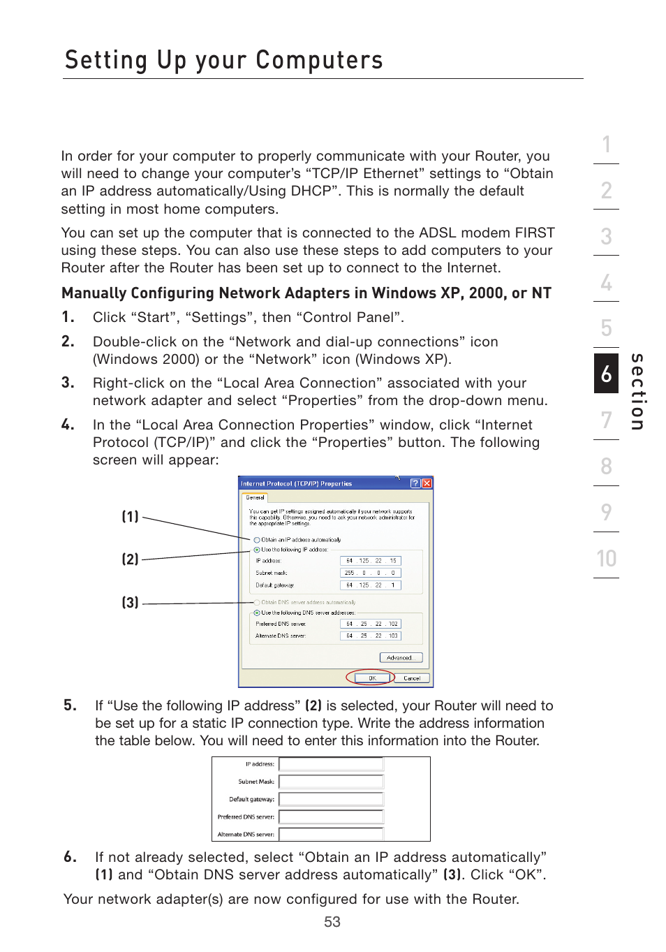 Setting up your computers, Se ct io n | Belkin F5D7632UK4 User Manual | Page 55 / 90
