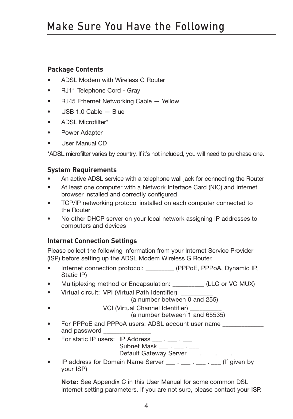 Make sure you have the following | Belkin F5D7632UK4 User Manual | Page 6 / 90