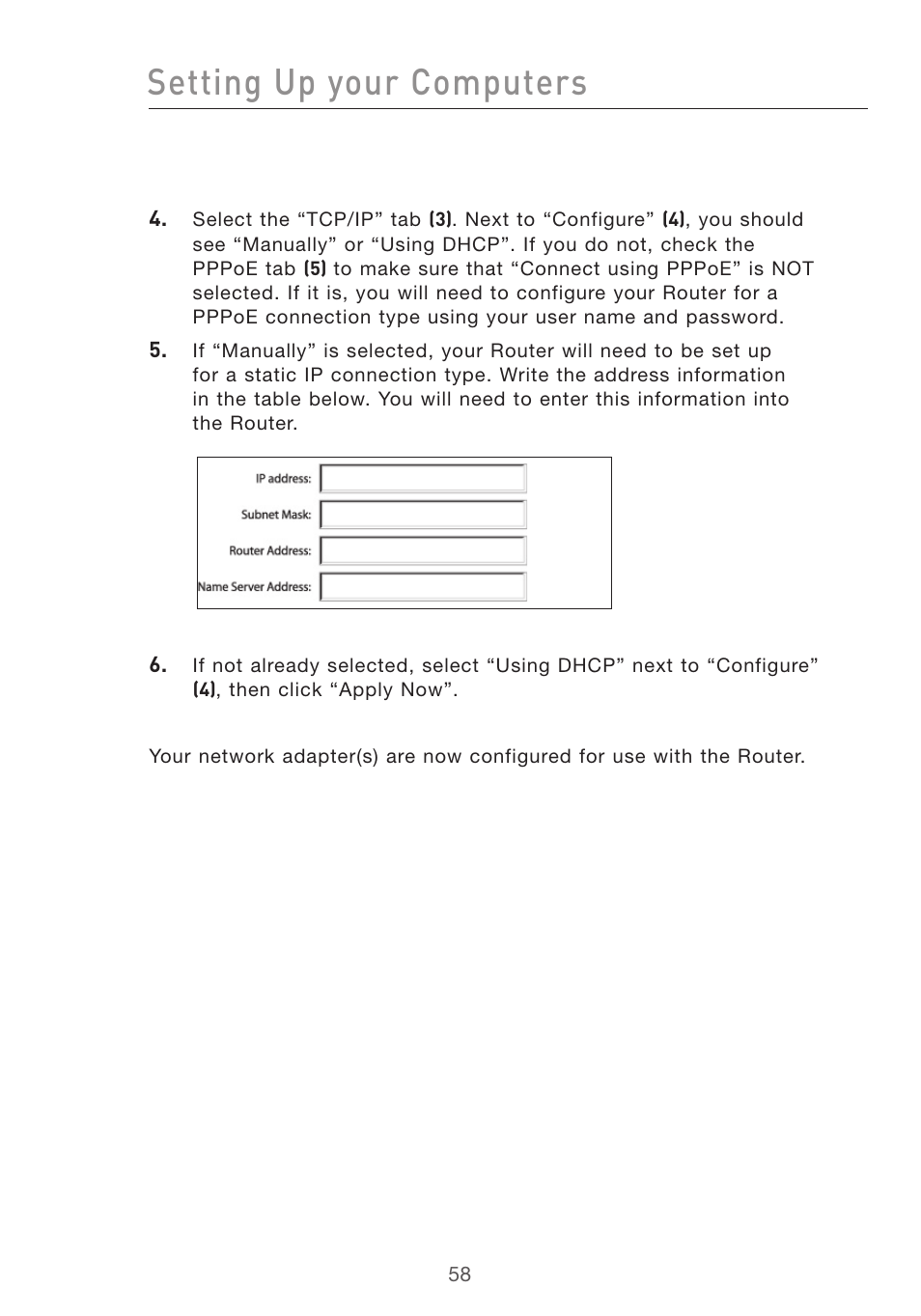 Setting up your computers | Belkin F5D7632UK4 User Manual | Page 60 / 90