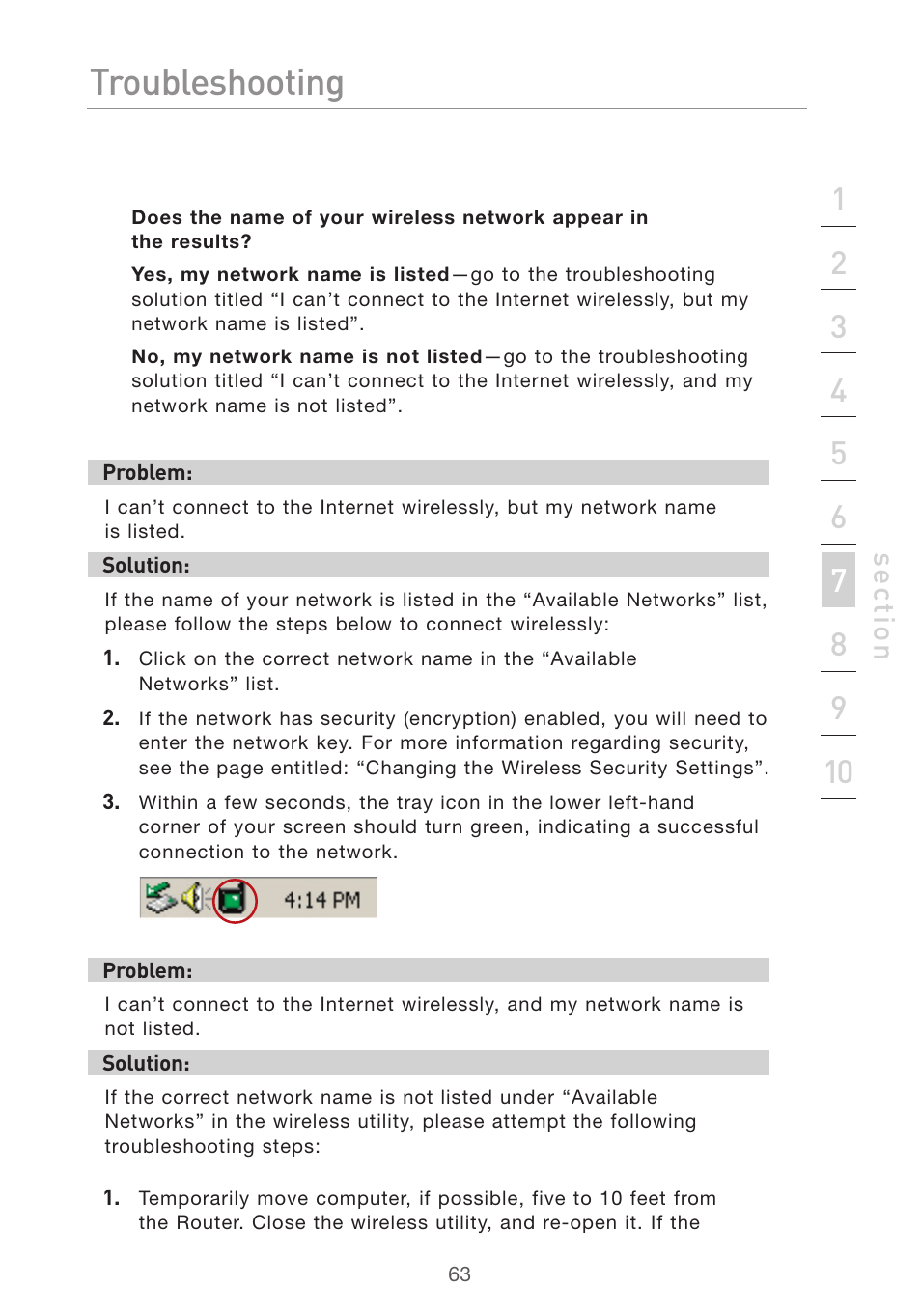 Troubleshooting, Se ct io n | Belkin F5D7632UK4 User Manual | Page 65 / 90