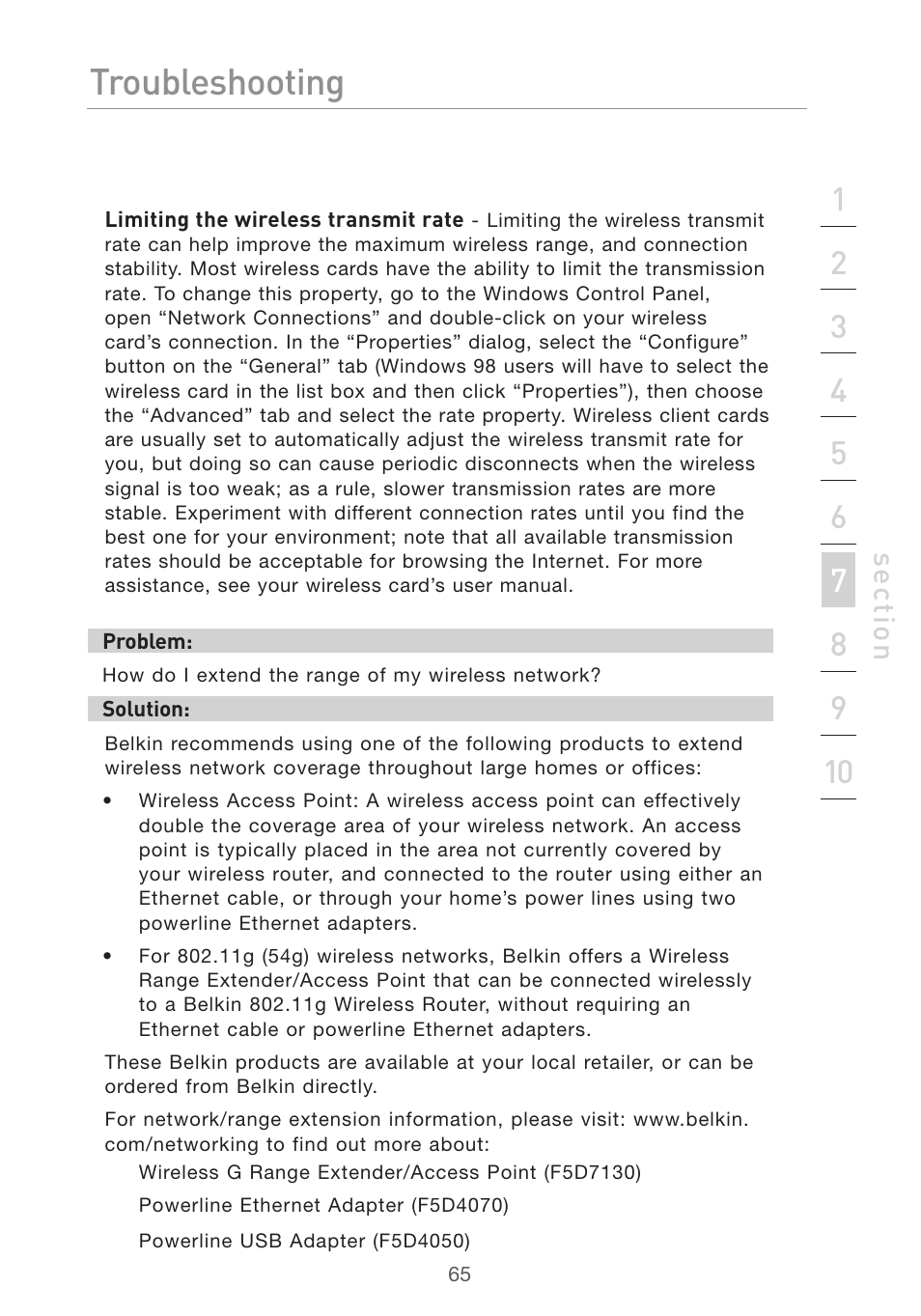Troubleshooting, Se ct io n | Belkin F5D7632UK4 User Manual | Page 67 / 90