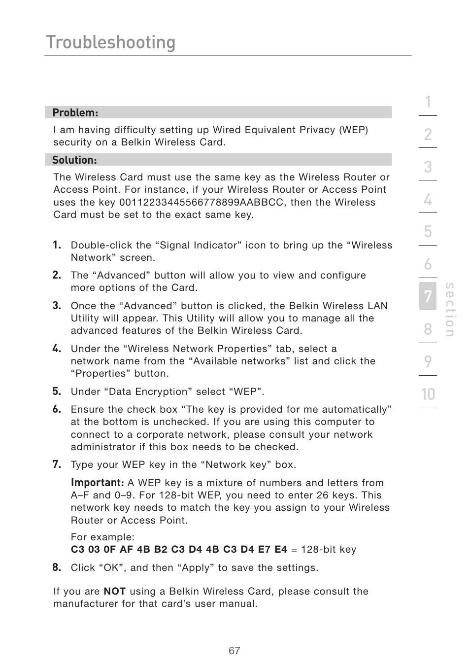 Troubleshooting, Se ct io n | Belkin F5D7632UK4 User Manual | Page 69 / 90