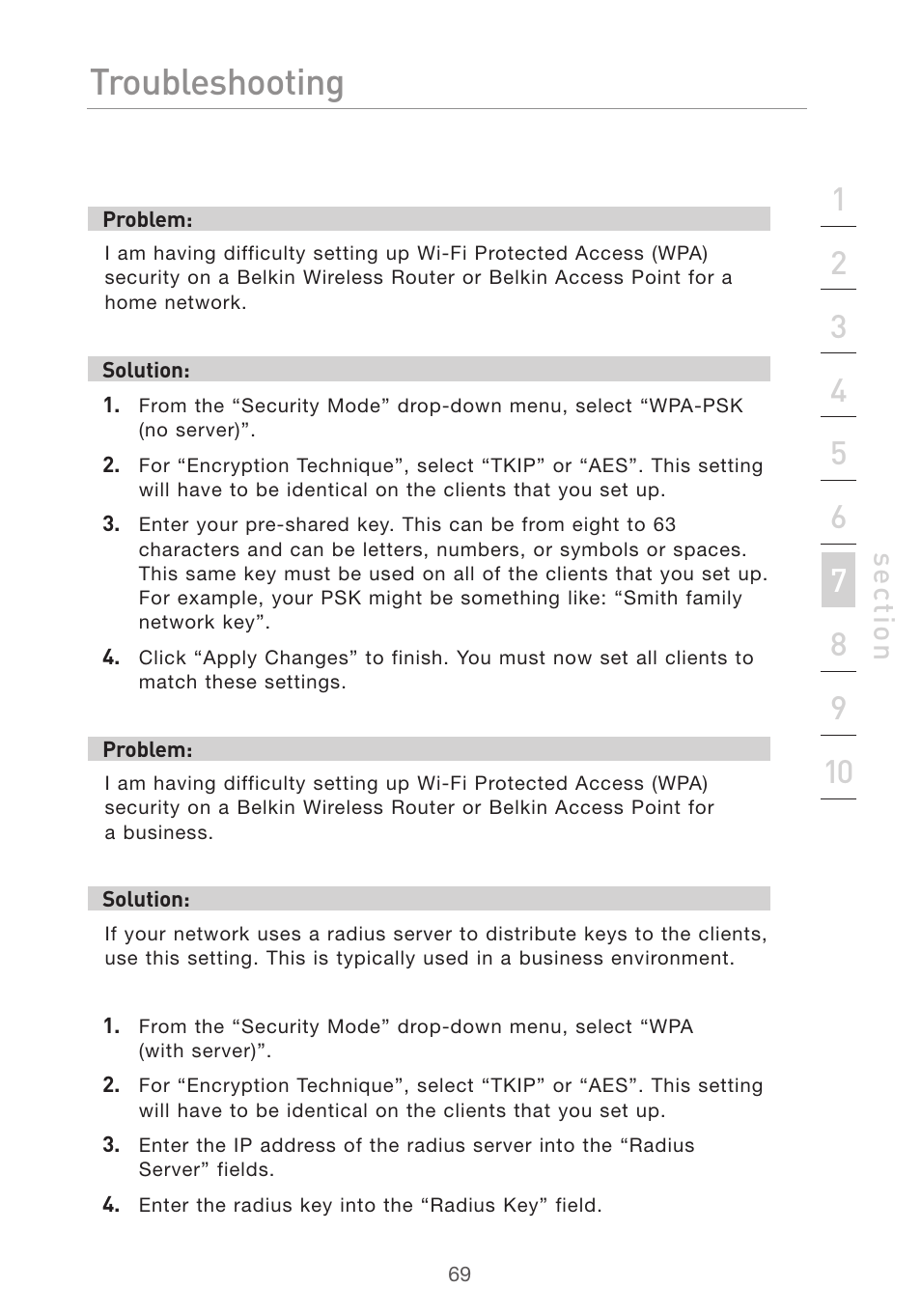 Troubleshooting, Se ct io n | Belkin F5D7632UK4 User Manual | Page 71 / 90