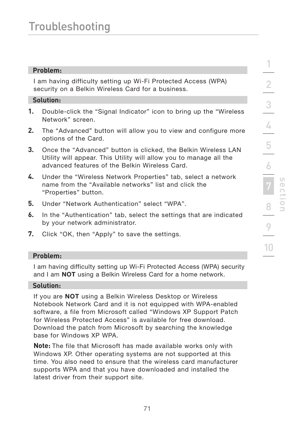 Troubleshooting, Se ct io n | Belkin F5D7632UK4 User Manual | Page 73 / 90