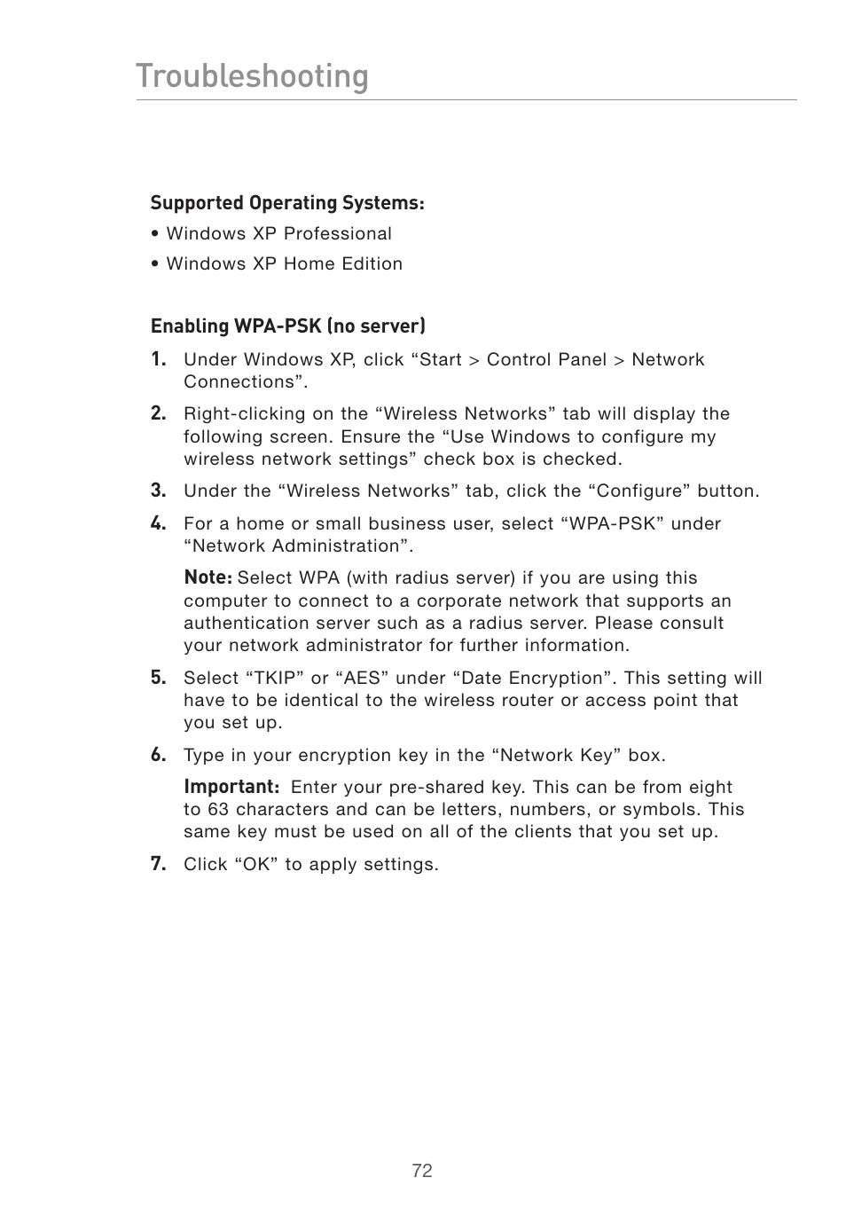 Troubleshooting | Belkin F5D7632UK4 User Manual | Page 74 / 90