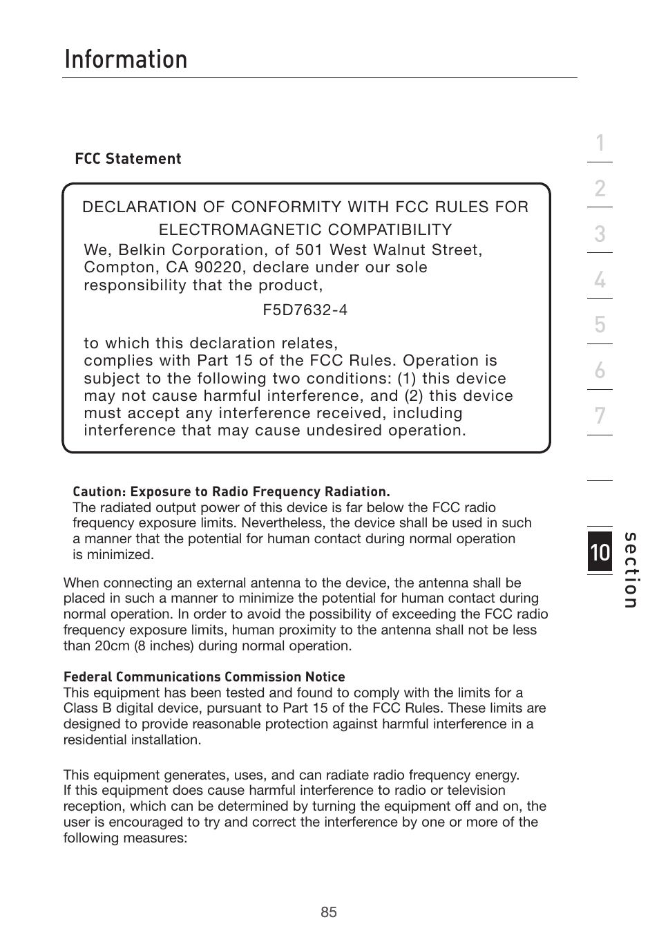 Information, Se ct io n | Belkin F5D7632UK4 User Manual | Page 87 / 90