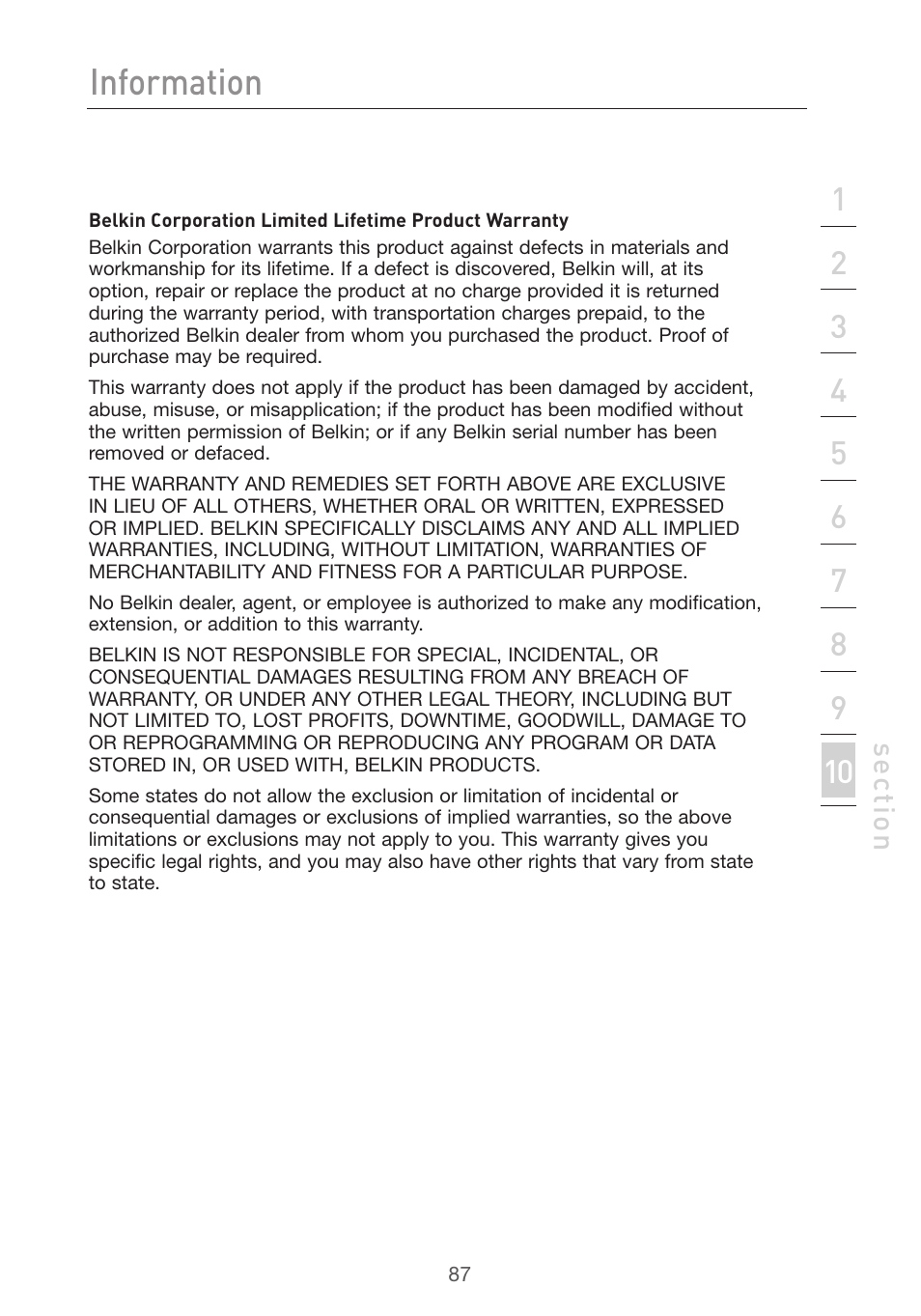 Information, Se ct io n | Belkin F5D7632UK4 User Manual | Page 89 / 90