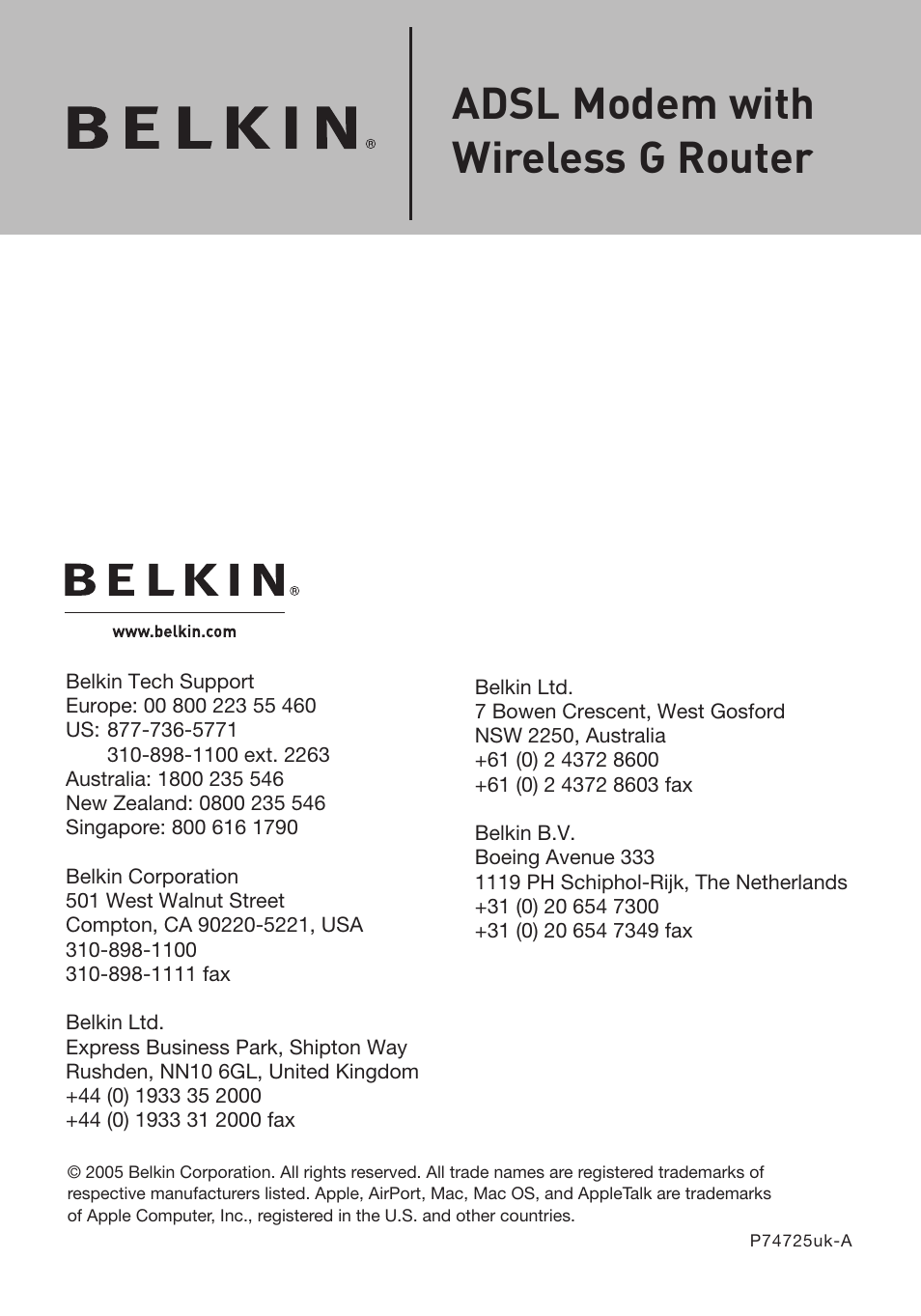 Adsl modem with wireless g router | Belkin F5D7632UK4 User Manual | Page 90 / 90