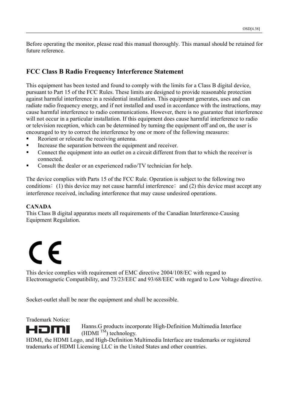 Fcc class b radio frequency interference statement | Hanns.G HL231 User Manual | Page 2 / 23