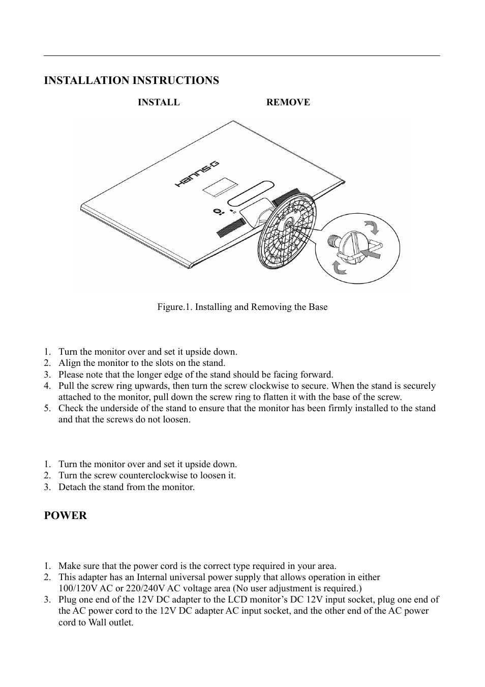 Installation instructions, Power | Hanns.G HL231 User Manual | Page 8 / 23