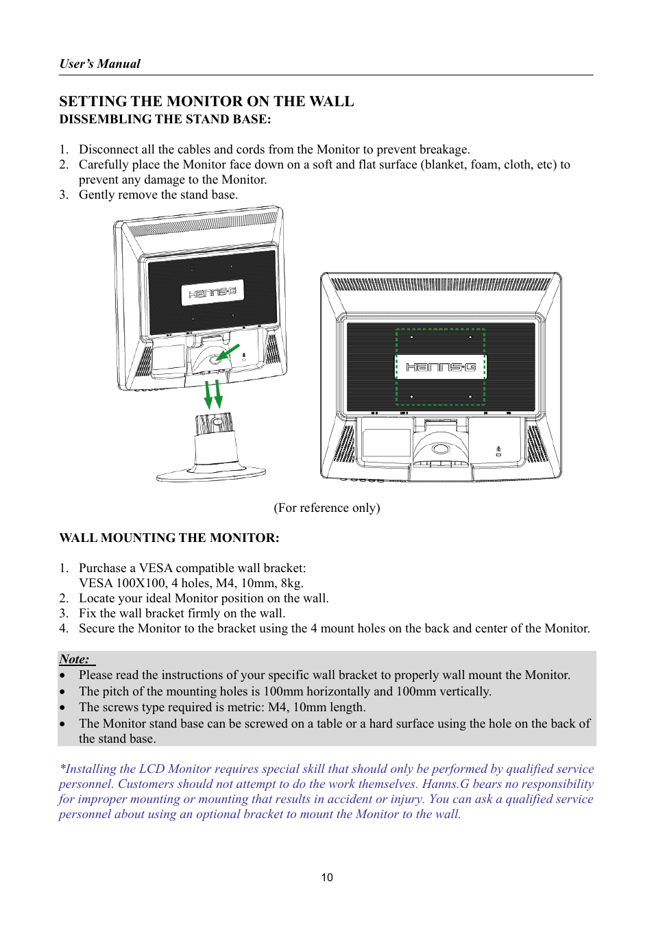 Setting the monitor on the wall | Hanns.G HA191 User Manual | Page 10 / 24