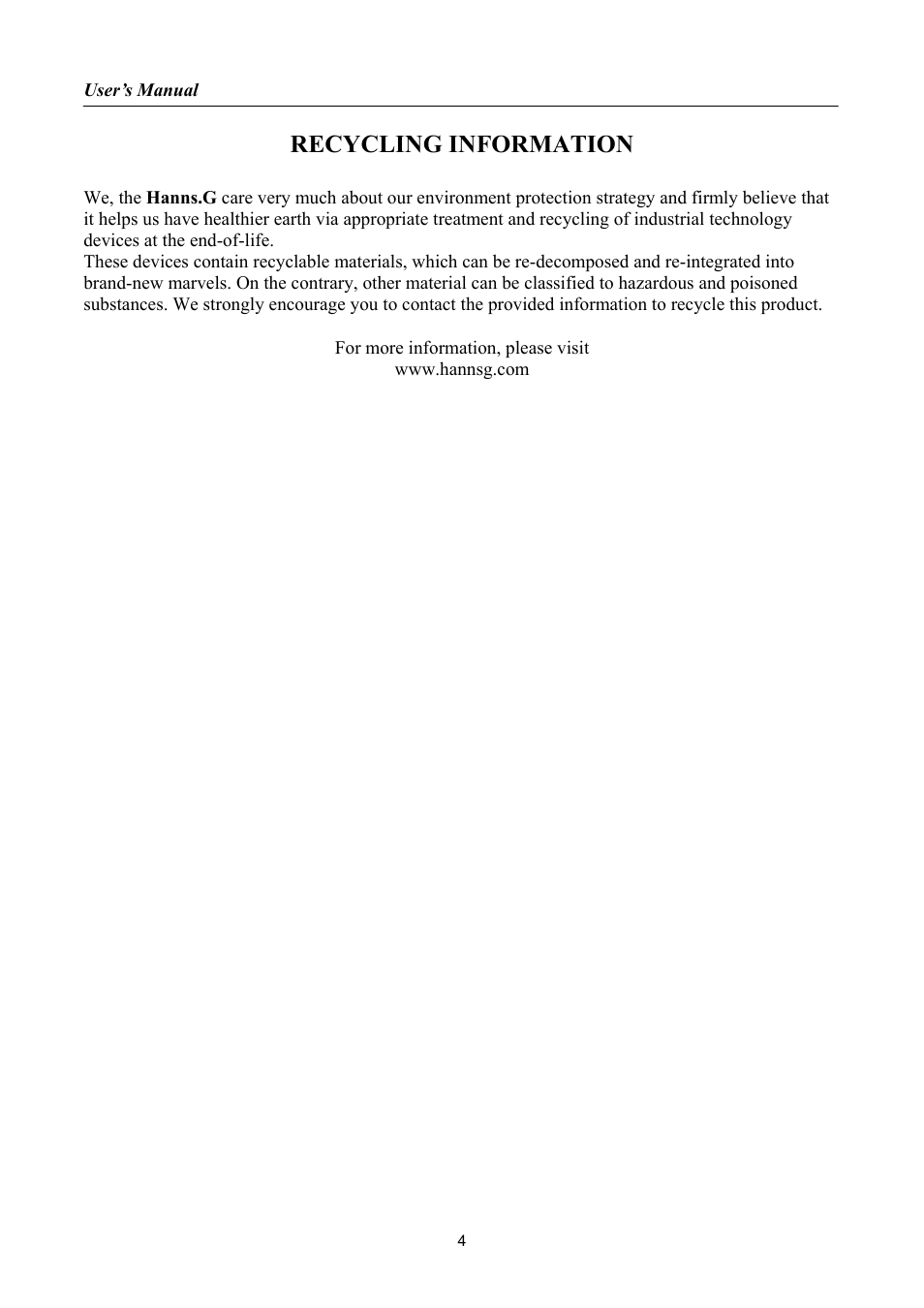 Recycling information | Hanns.G HA191 User Manual | Page 4 / 24