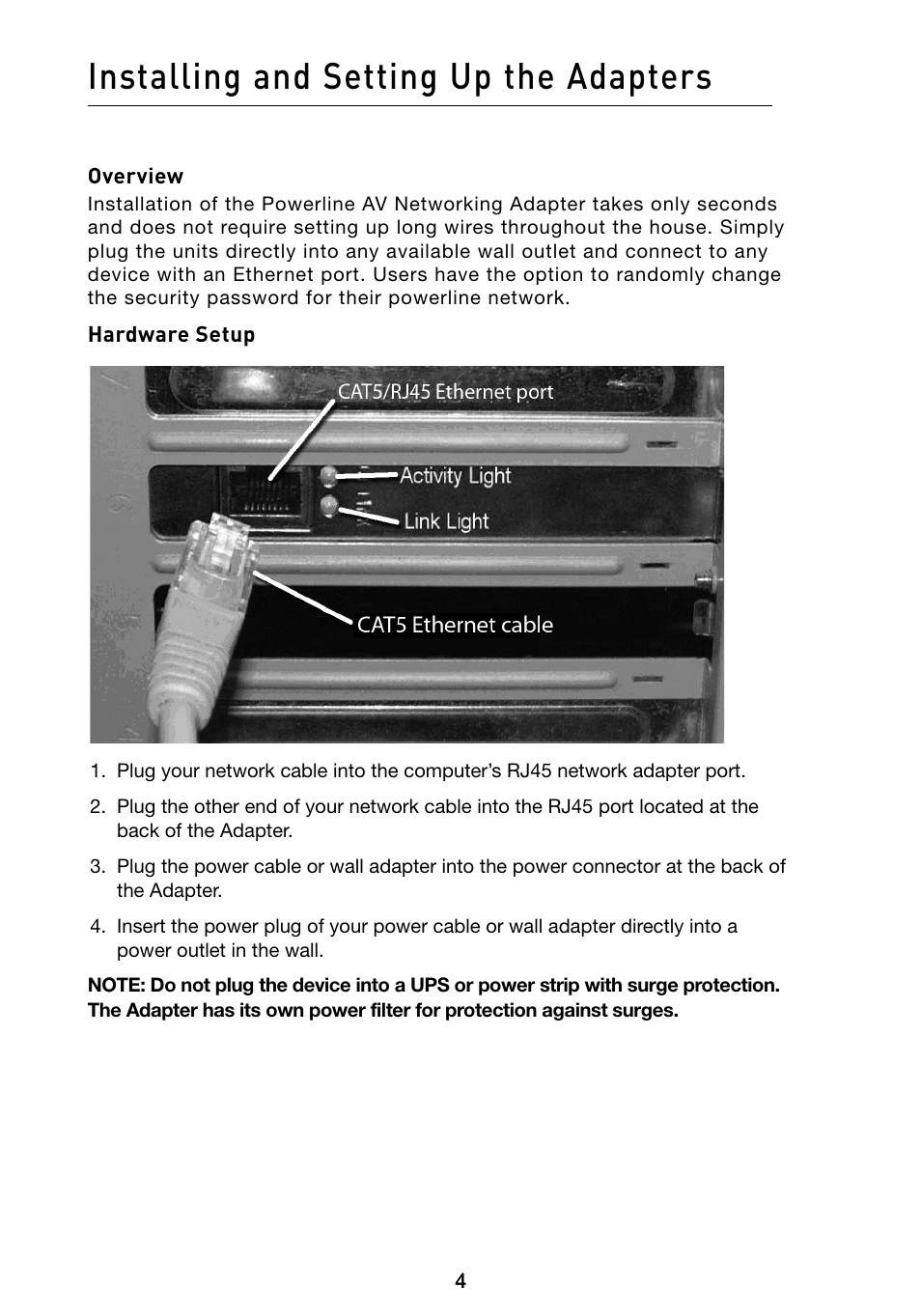 Installing and setting up the adapters | Belkin POWERLINE AV F5D4072 User Manual | Page 6 / 14