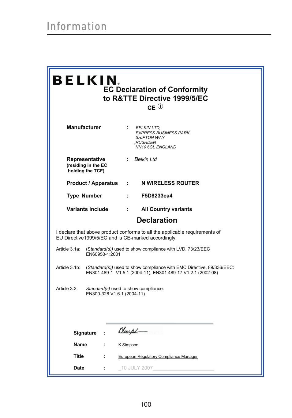 Information, Declaration | Belkin F5D8233EA4 User Manual | Page 102 / 619