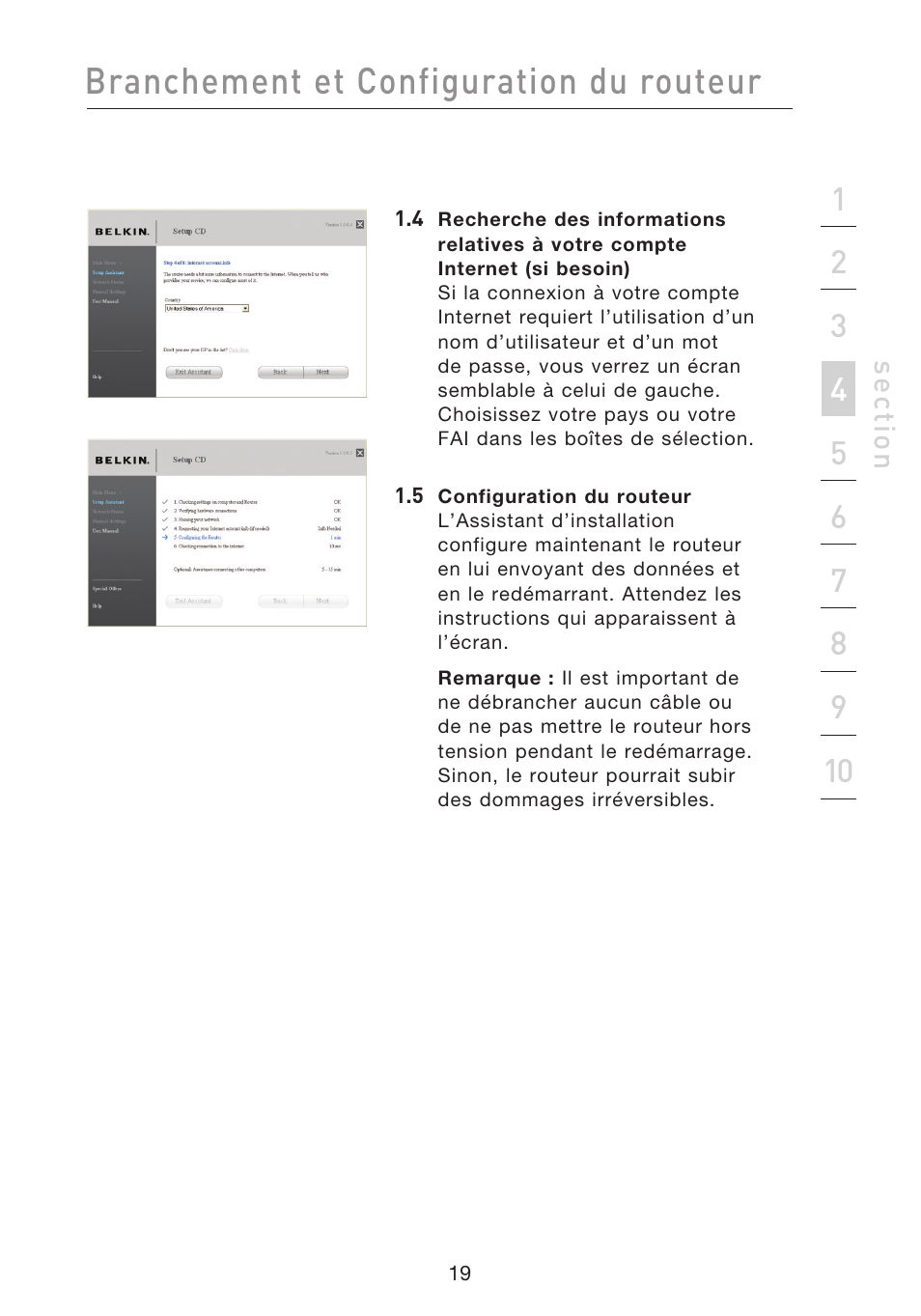 Branchement et configuration du routeur | Belkin F5D8233EA4 User Manual | Page 124 / 619