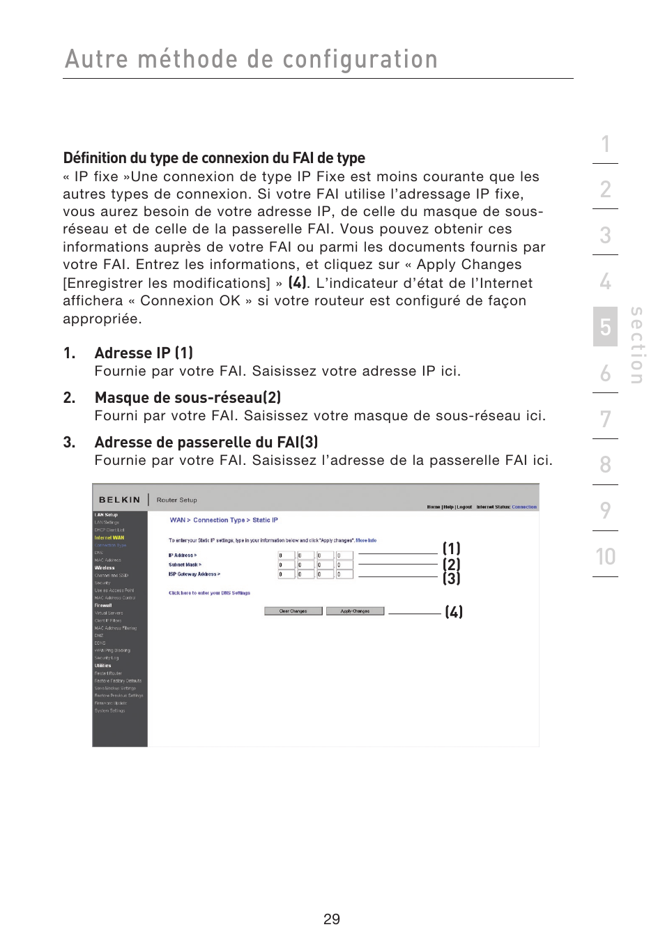 Autre méthode de configuration, Se ct io n | Belkin F5D8233EA4 User Manual | Page 134 / 619