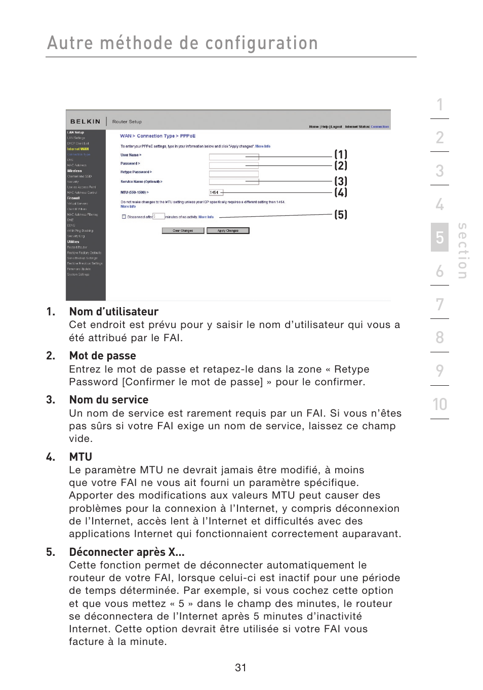Autre méthode de configuration, Se ct io n | Belkin F5D8233EA4 User Manual | Page 136 / 619