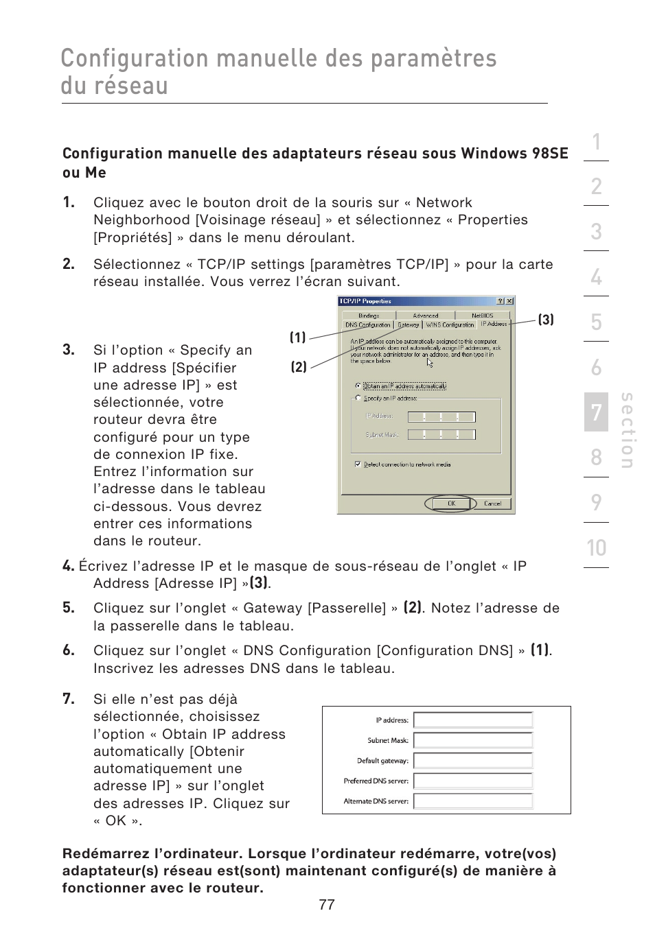 Configuration manuelle des paramètres du réseau, Se ct io n | Belkin F5D8233EA4 User Manual | Page 182 / 619