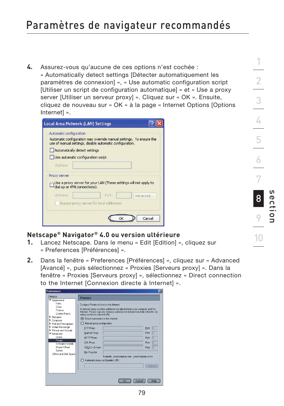 Paramètres de navigateur recommandés, Se ct io n | Belkin F5D8233EA4 User Manual | Page 184 / 619
