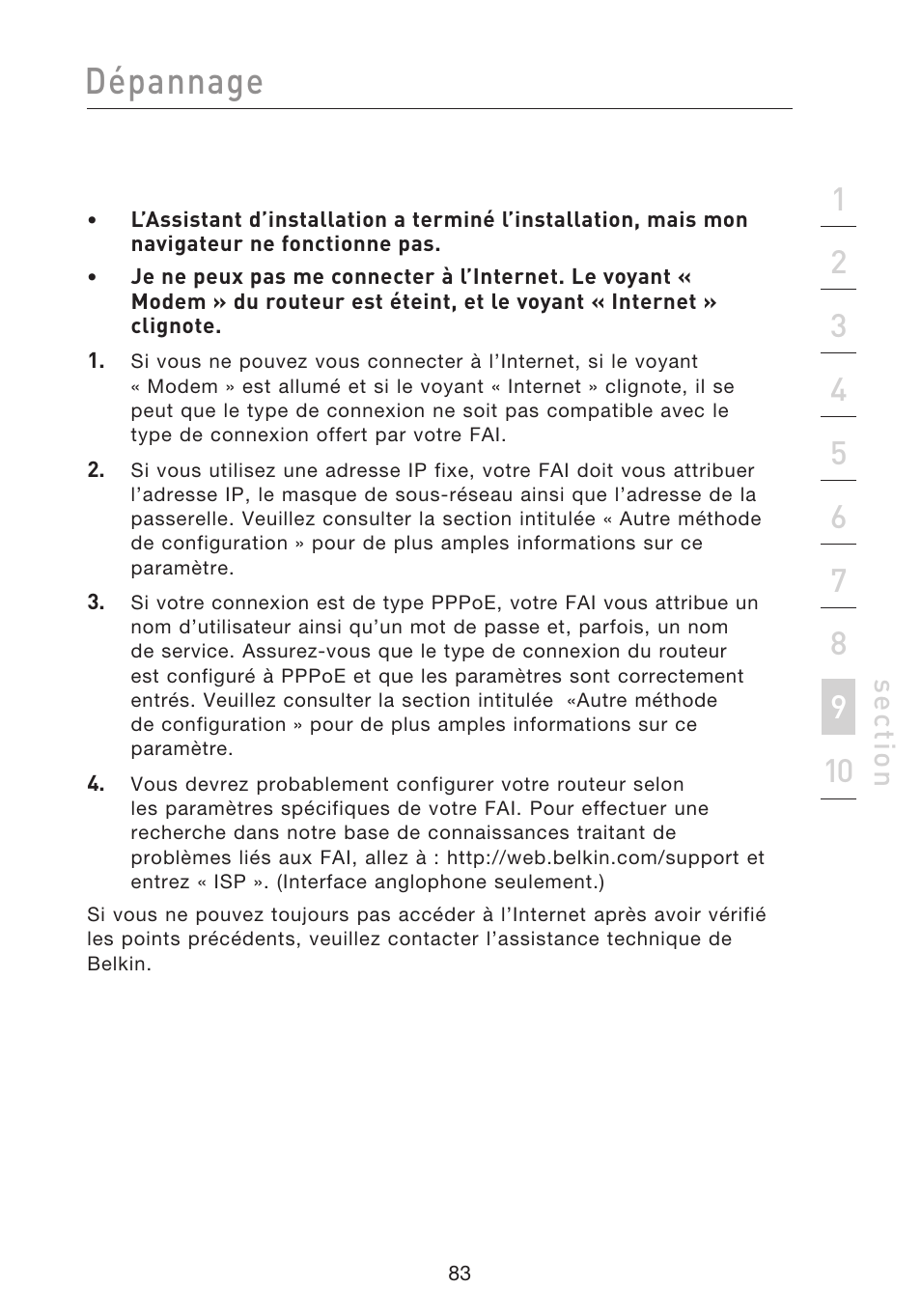 Dépannage, Se ct io n | Belkin F5D8233EA4 User Manual | Page 188 / 619