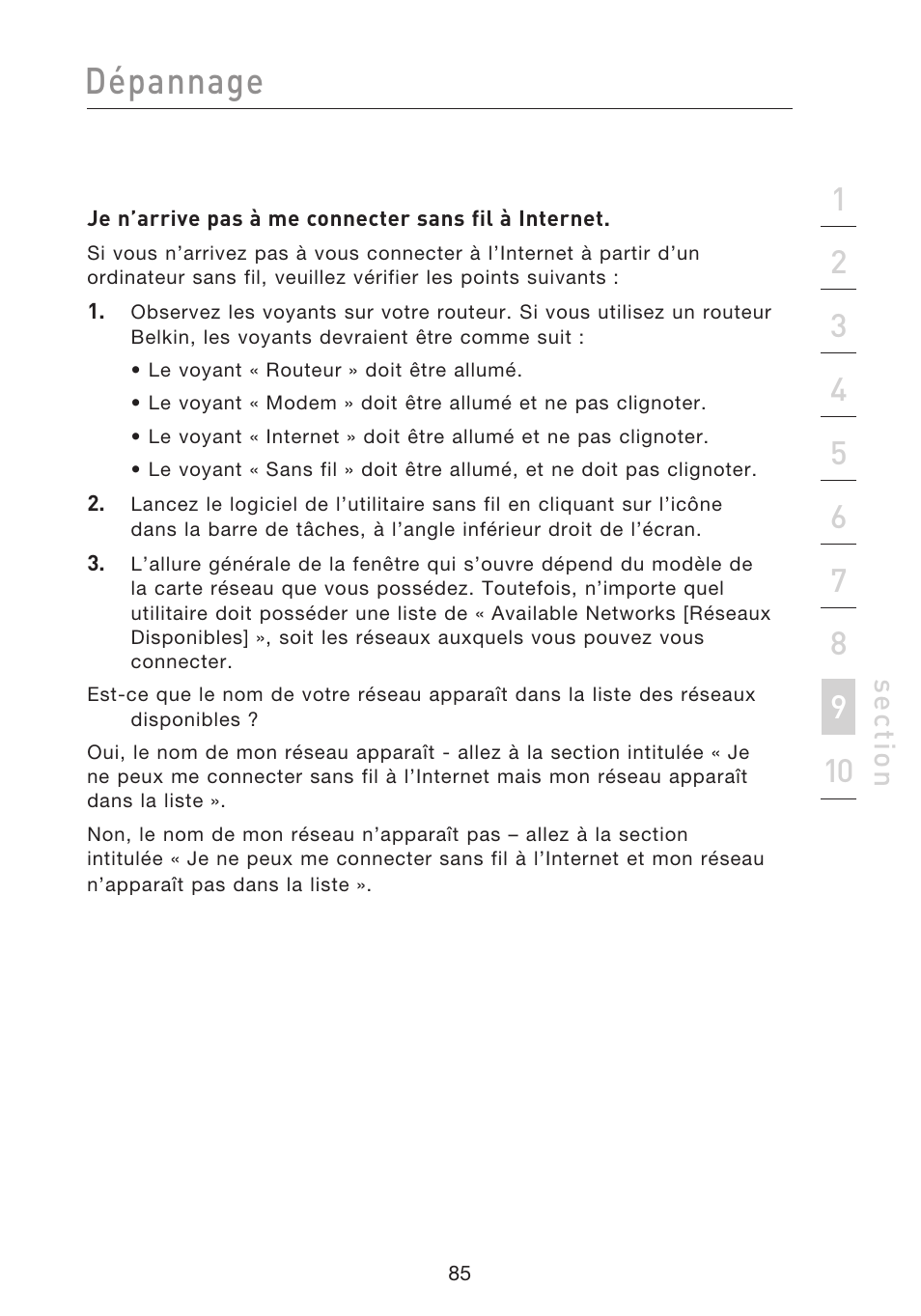 Dépannage, Se ct io n | Belkin F5D8233EA4 User Manual | Page 190 / 619