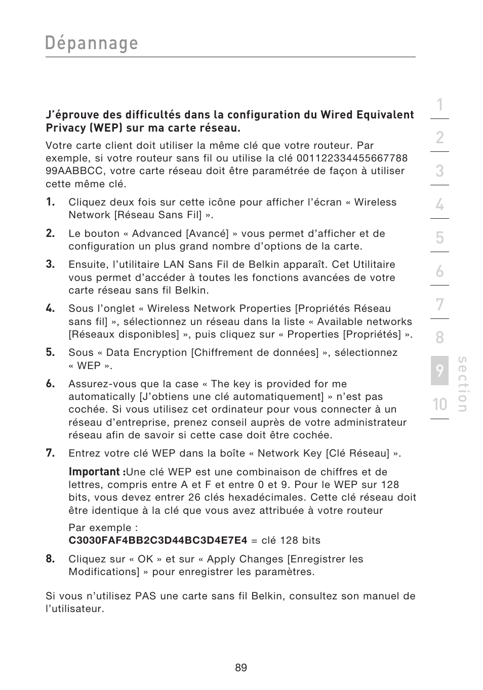 Dépannage, Se ct io n | Belkin F5D8233EA4 User Manual | Page 194 / 619