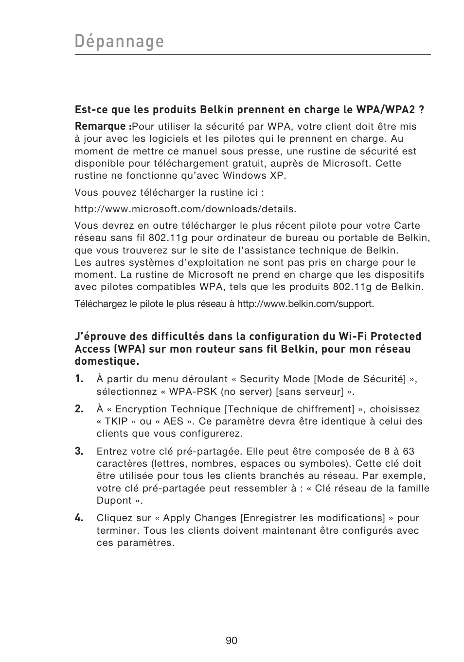 Dépannage | Belkin F5D8233EA4 User Manual | Page 195 / 619