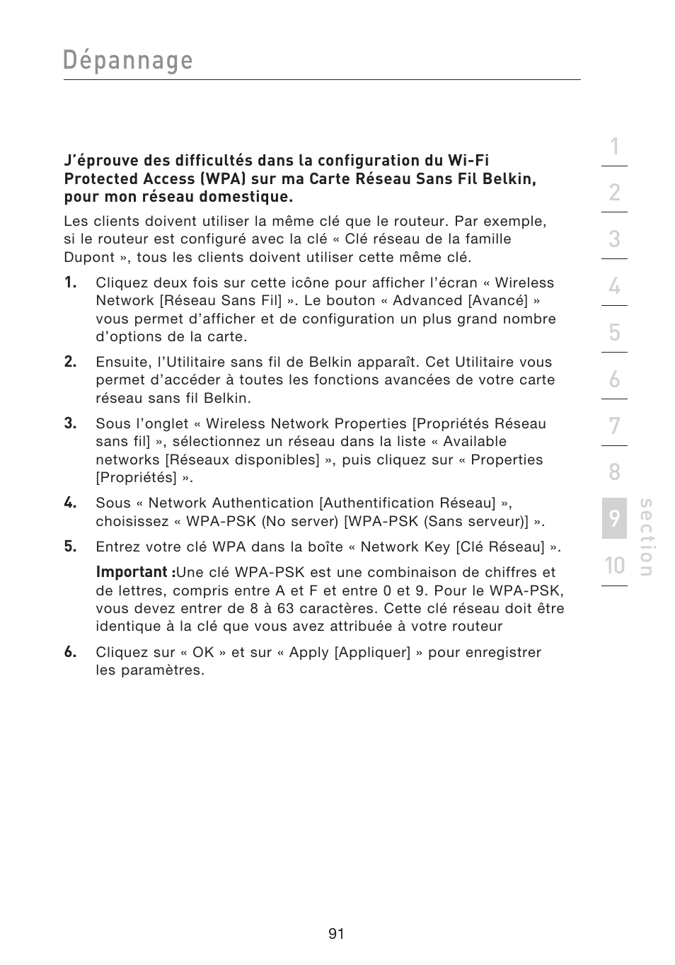 Dépannage, Se ct io n | Belkin F5D8233EA4 User Manual | Page 196 / 619