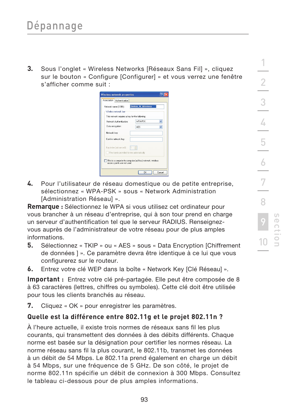 Dépannage, Se ct io n | Belkin F5D8233EA4 User Manual | Page 198 / 619