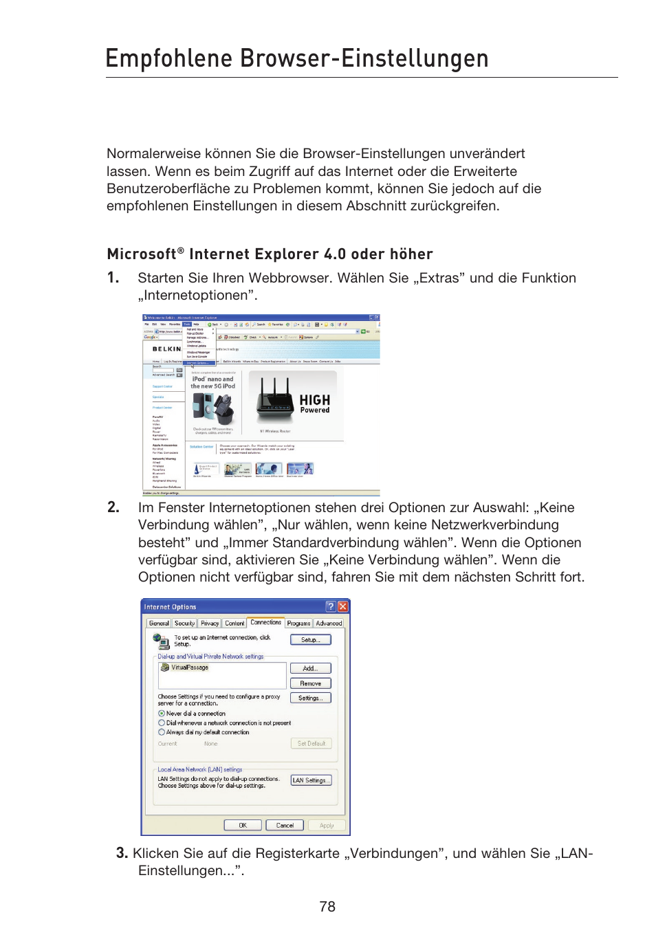 Empfohlene browser-einstellungen | Belkin F5D8233EA4 User Manual | Page 286 / 619