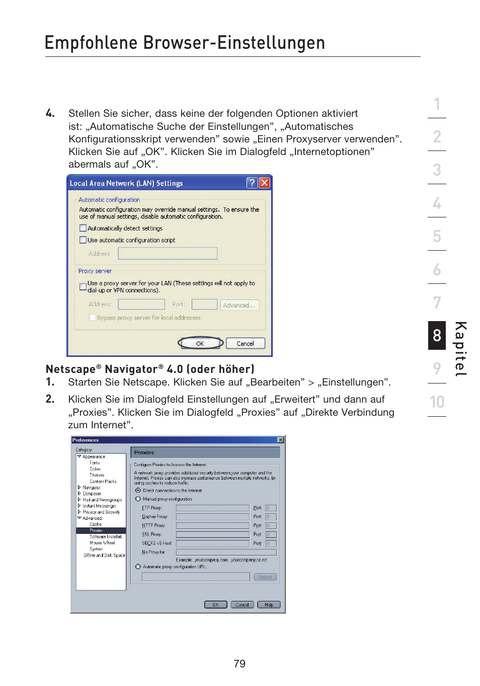 Empfohlene browser-einstellungen, Kap ite l | Belkin F5D8233EA4 User Manual | Page 287 / 619