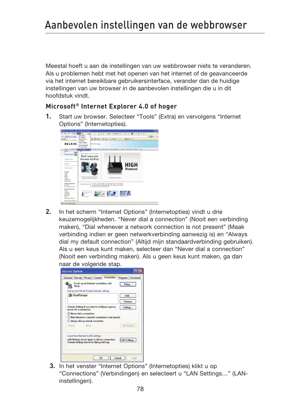 Aanbevolen instellingen van de webbrowser | Belkin F5D8233EA4 User Manual | Page 390 / 619