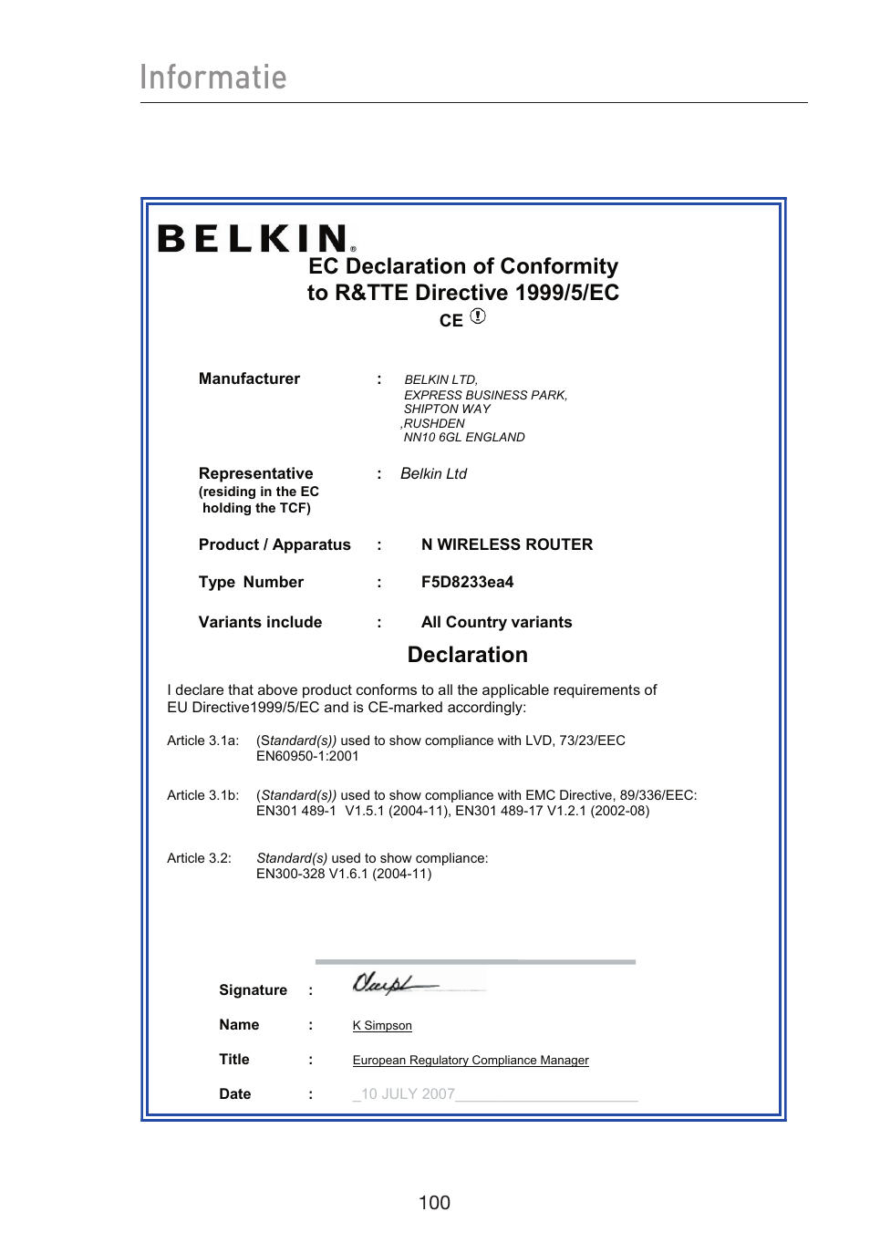 Informatie, Declaration | Belkin F5D8233EA4 User Manual | Page 412 / 619