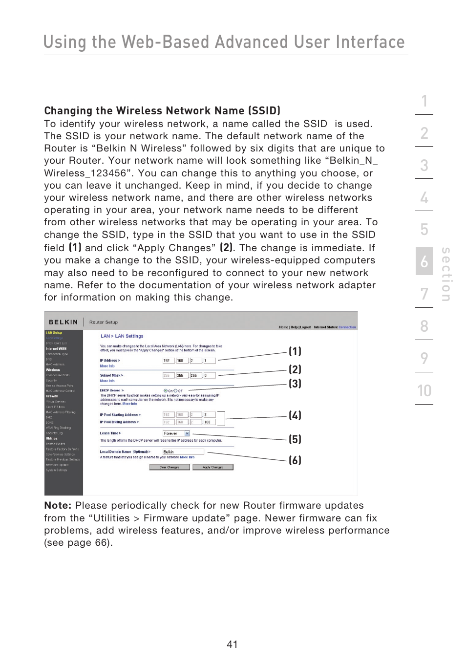 Using the web-based advanced user interface, Se ct io n | Belkin F5D8233EA4 User Manual | Page 43 / 619