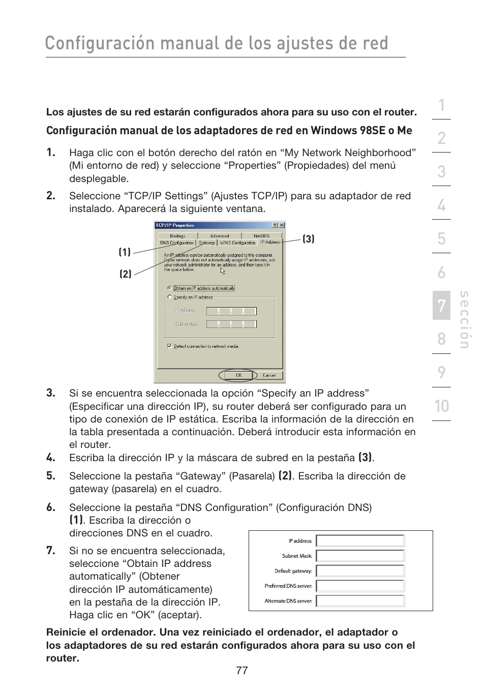 Configuración manual de los ajustes de red, Se cc ió n | Belkin F5D8233EA4 User Manual | Page 492 / 619