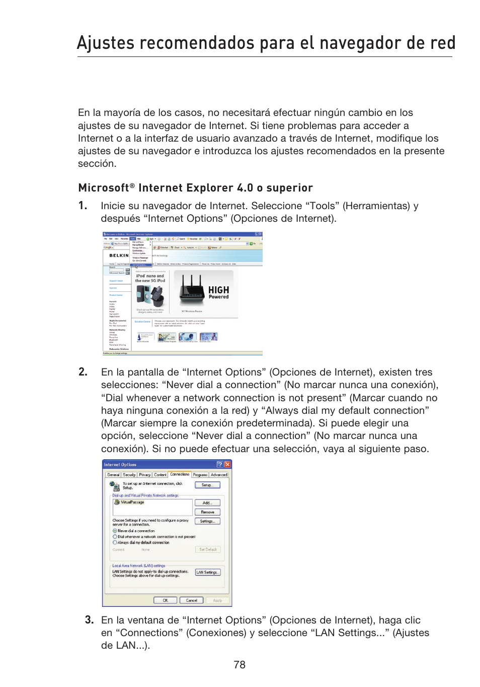 Ajustes recomendados para el navegador de red | Belkin F5D8233EA4 User Manual | Page 493 / 619