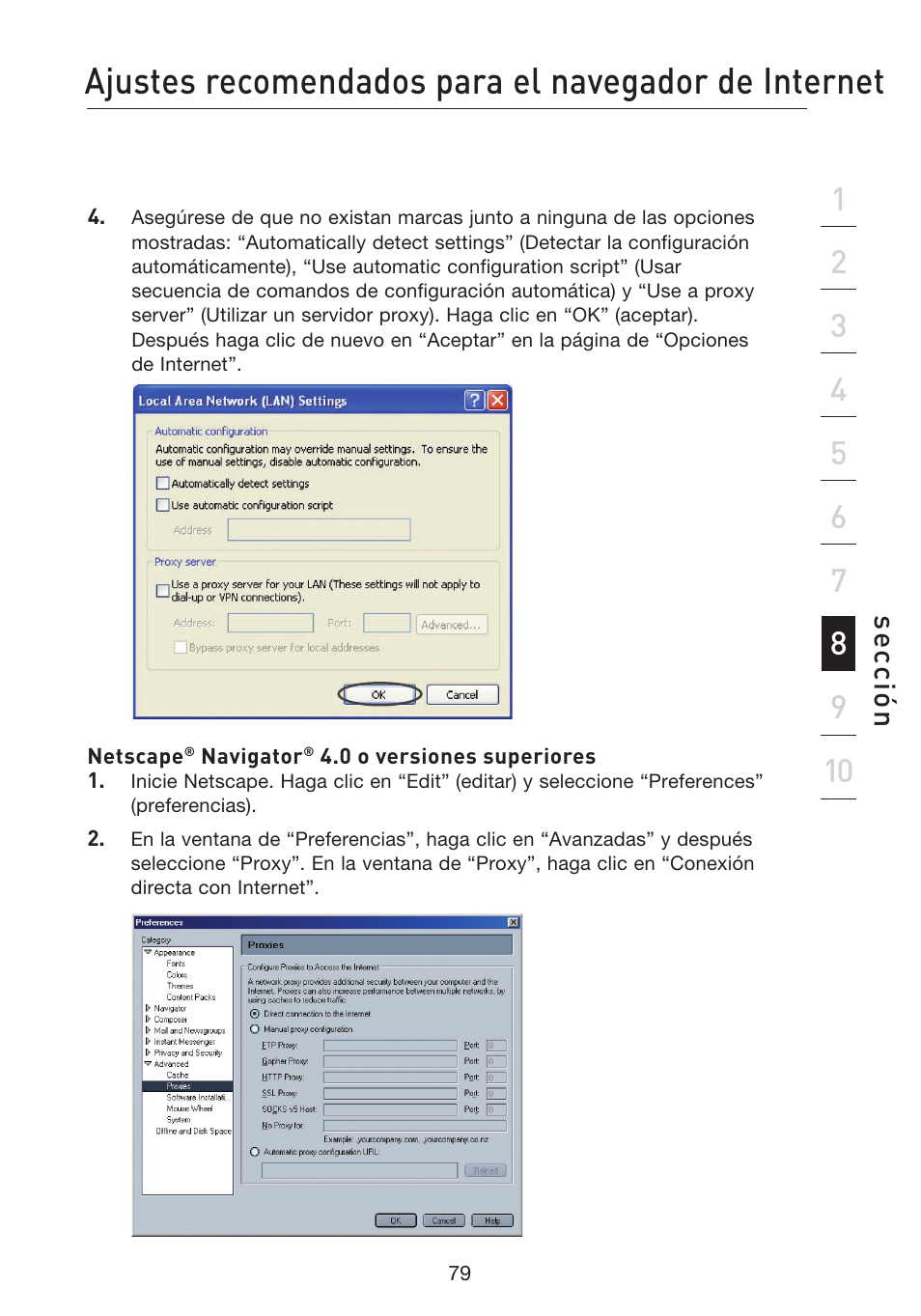 Ajustes recomendados para el navegador de internet, Se cc ió n | Belkin F5D8233EA4 User Manual | Page 494 / 619
