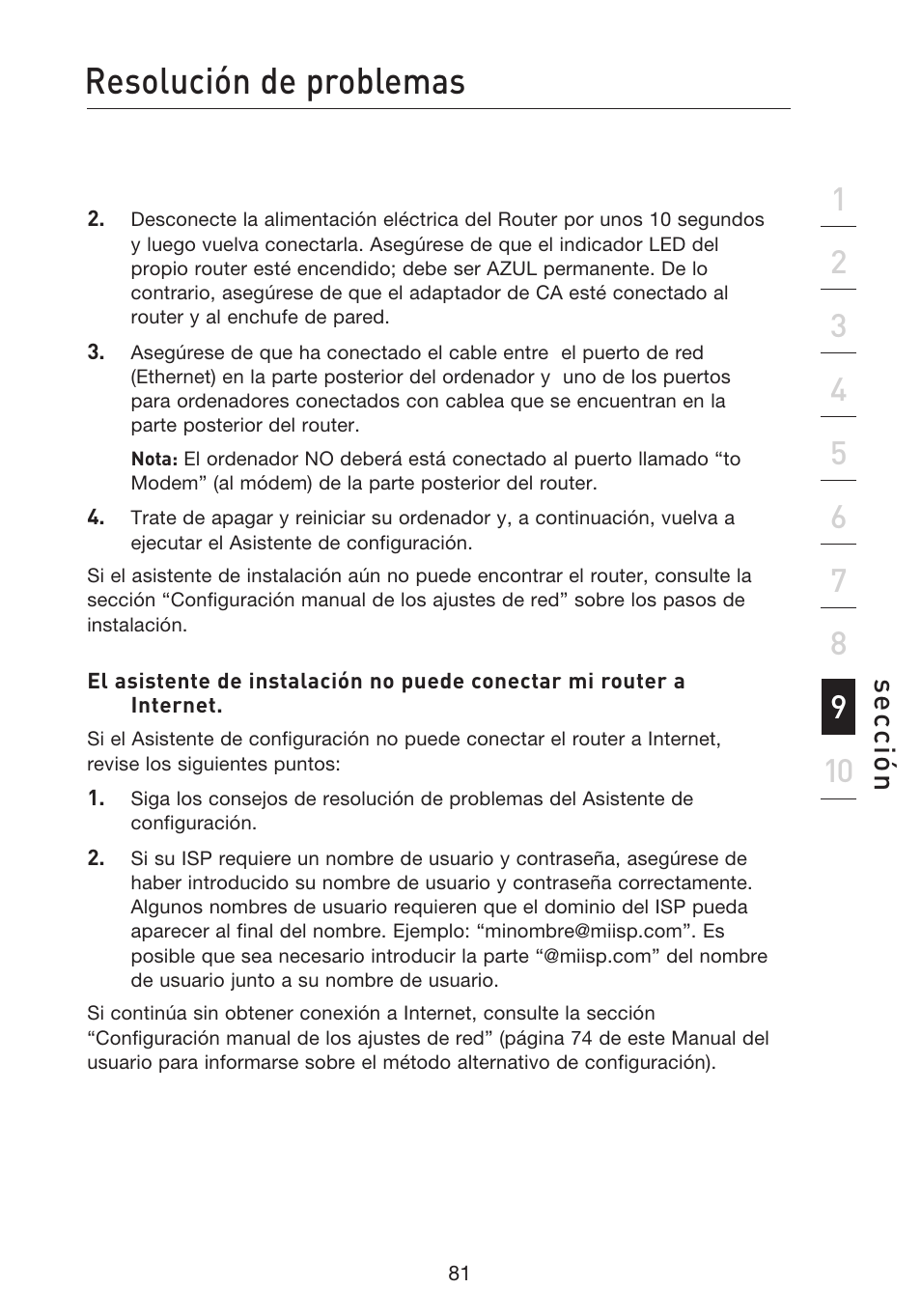 Resolución de problemas, Se cc ió n | Belkin F5D8233EA4 User Manual | Page 496 / 619