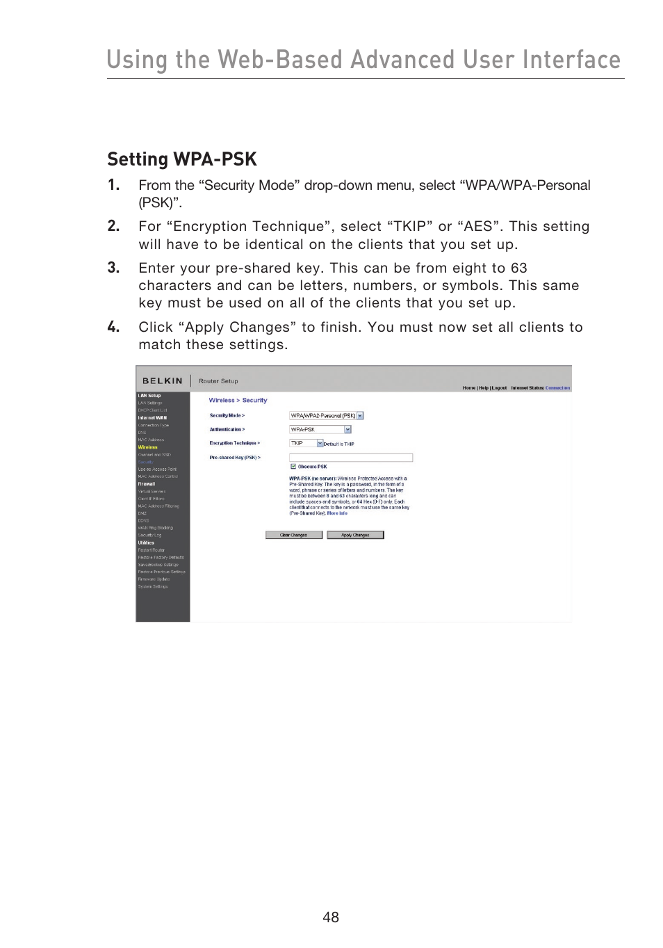 Using the web-based advanced user interface, Setting wpa-psk | Belkin F5D8233EA4 User Manual | Page 50 / 619