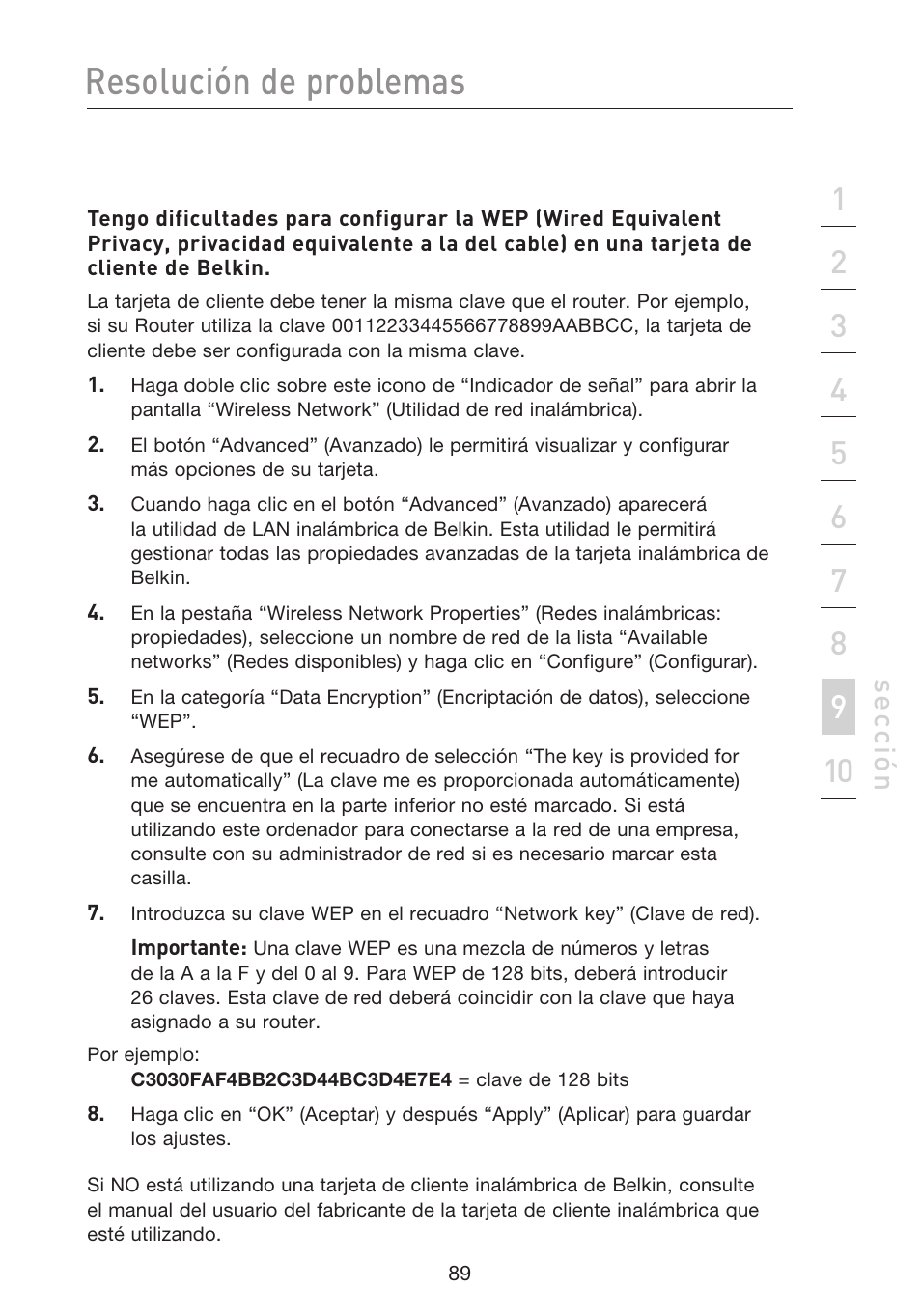 Resolución de problemas, Se cc ió n | Belkin F5D8233EA4 User Manual | Page 504 / 619