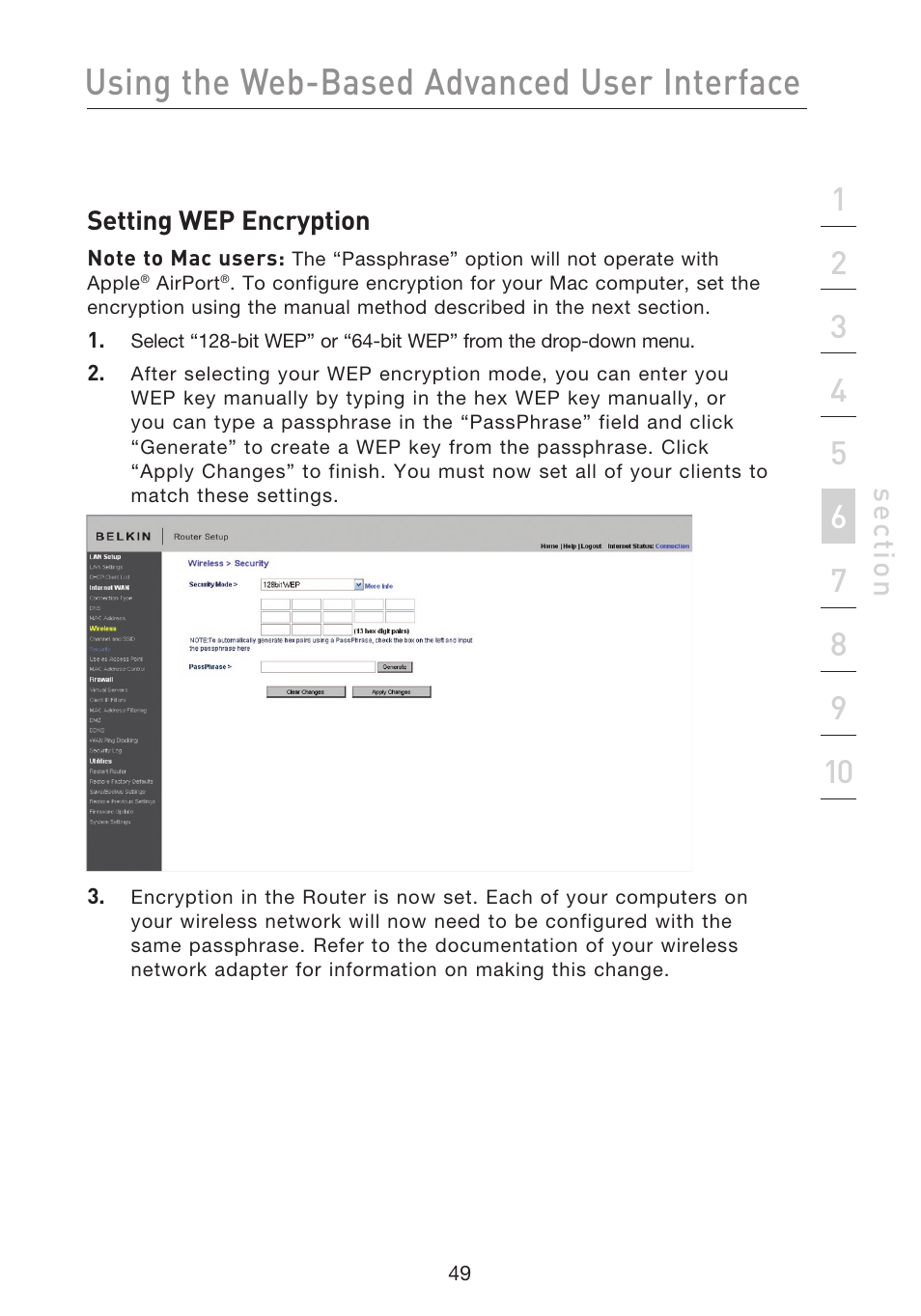 Using the web-based advanced user interface, Se ct io n | Belkin F5D8233EA4 User Manual | Page 51 / 619